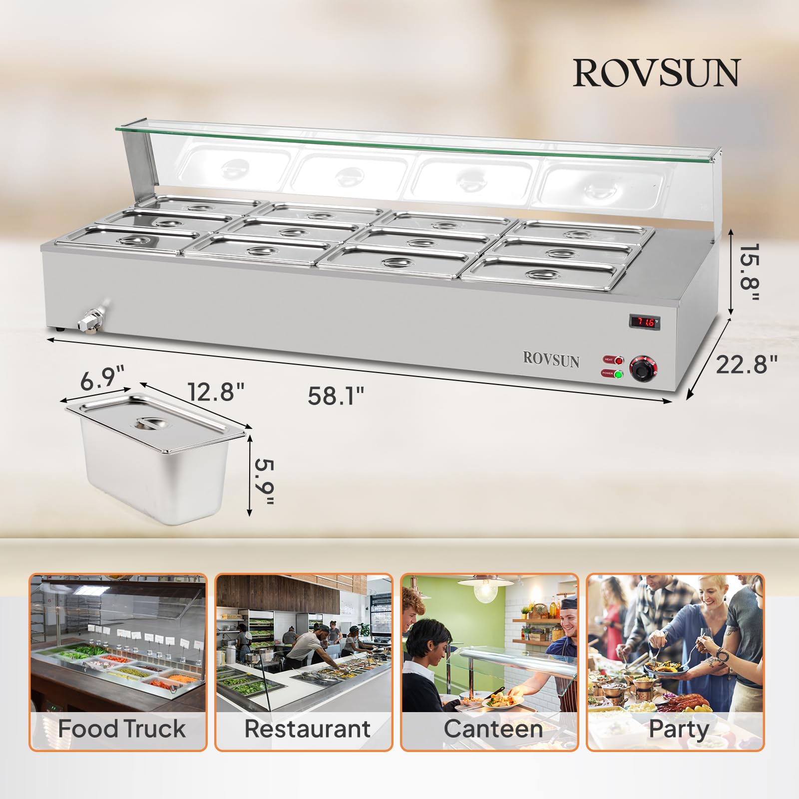 ROVSUN 96 QT 1500W 110V 12-Pan Electric Steam Table Food Warmer Countertop