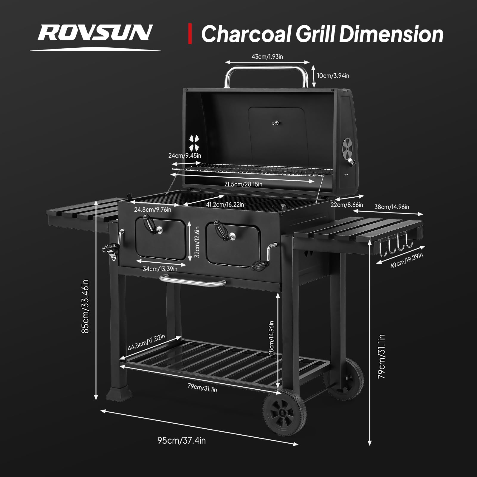 ROVSUN 37.4" Charcoal Grill with Two Foldable Side Tables