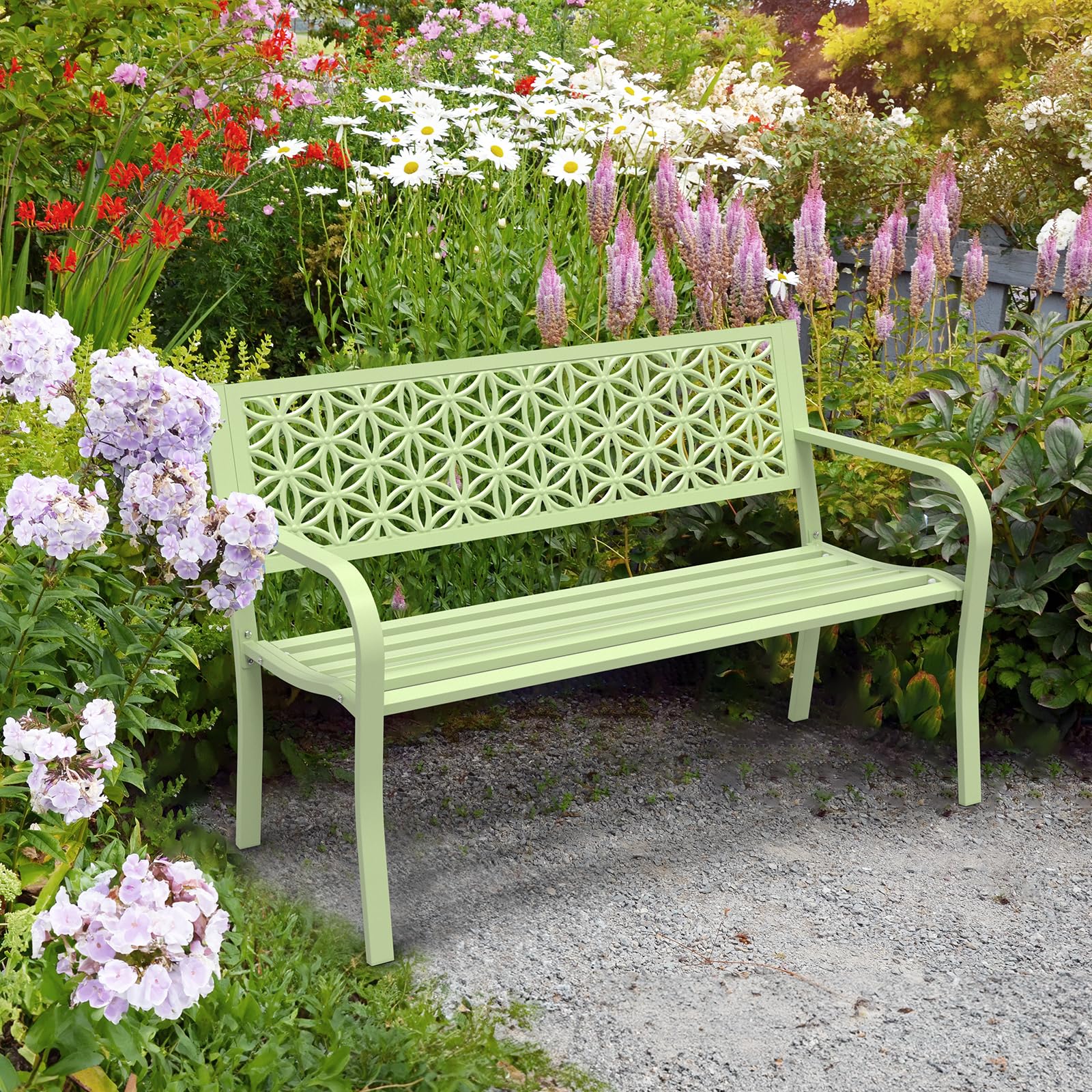 50" Outdoor Bench Metal with Floral Back Green