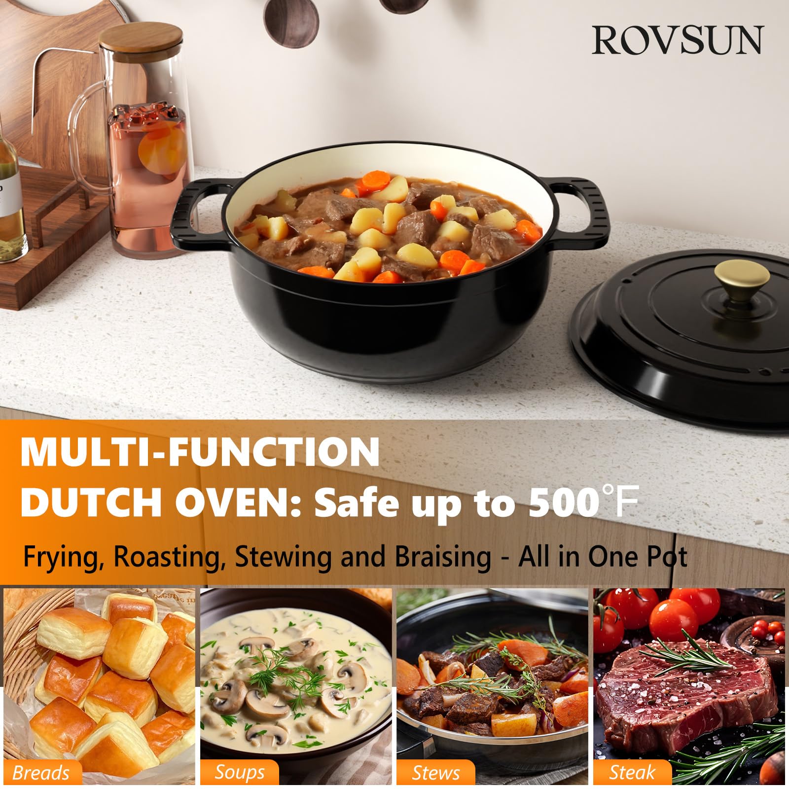 ROVSUN 6 QT Enameled Cast Iron Round Dutch Oven Black
