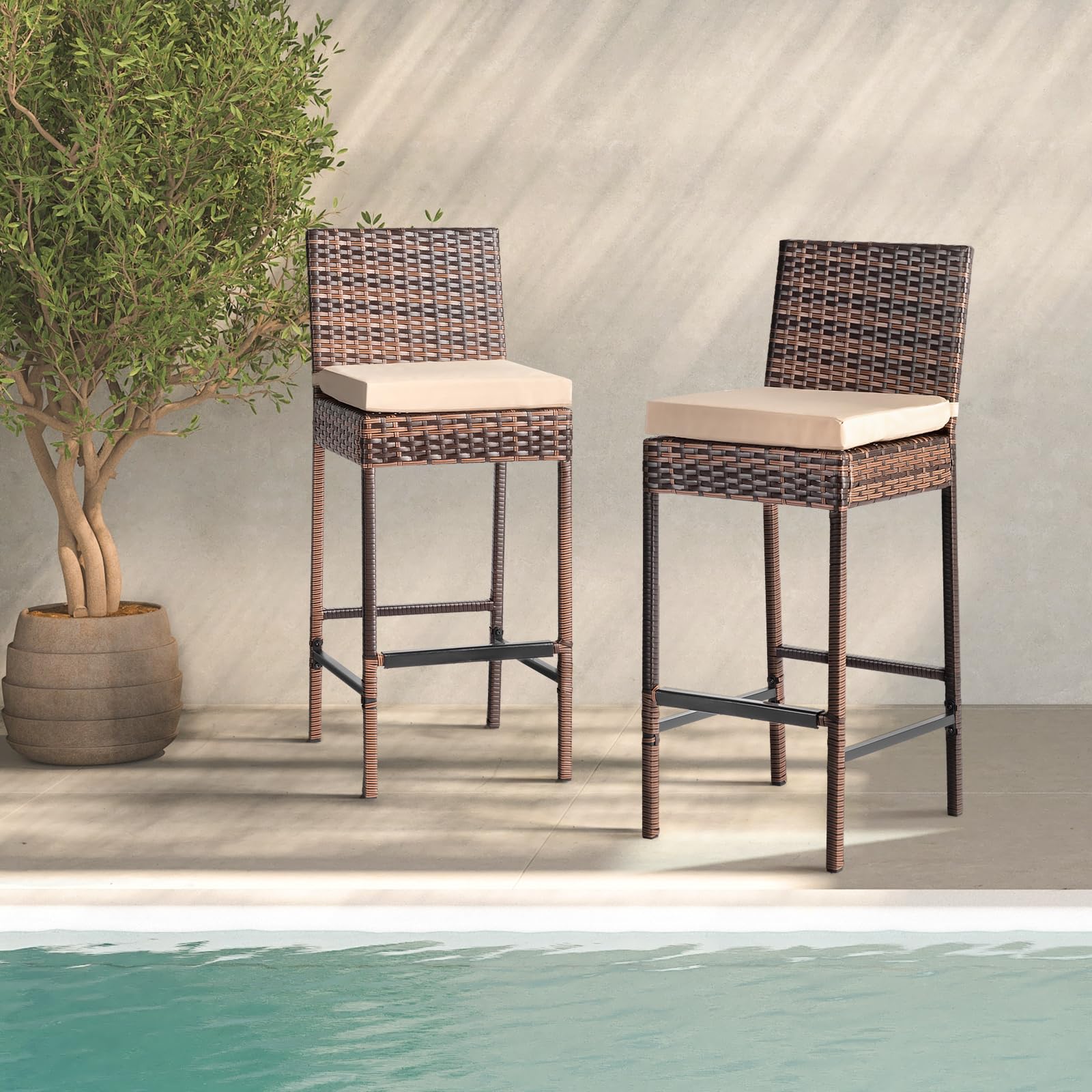Outdoor Wicker Bar Stools Set with Cushions
