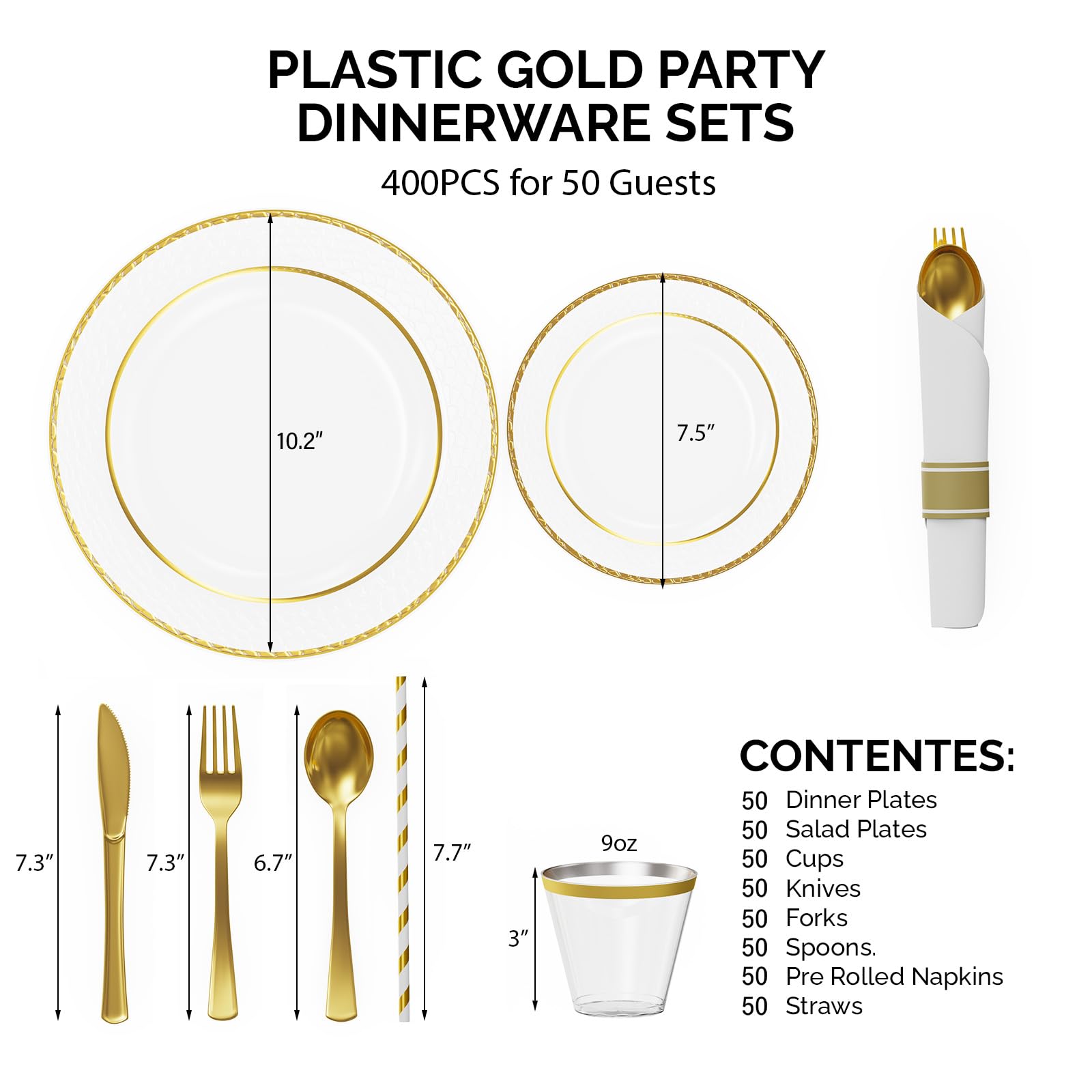 ROVSUN 400 Pieces Pre Rolled Napkins Gold Clear Disposable Plastic Dinnerware Set for 50 Guests