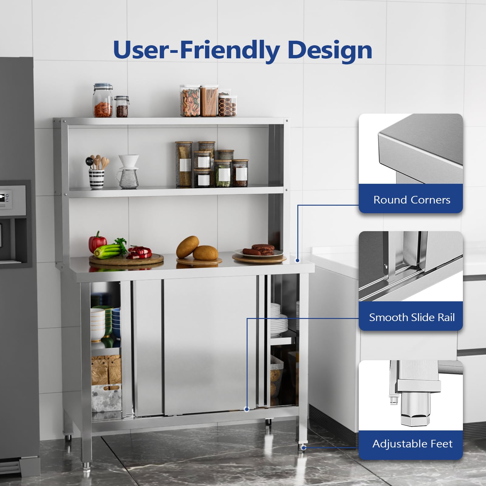 ROVSUN 39" x 19" Stainless Steel Table with Cabinet & Overshelves