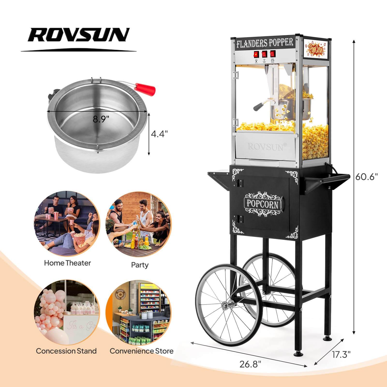 ROVSUN 10 oz Black Popcorn Machine with Cart