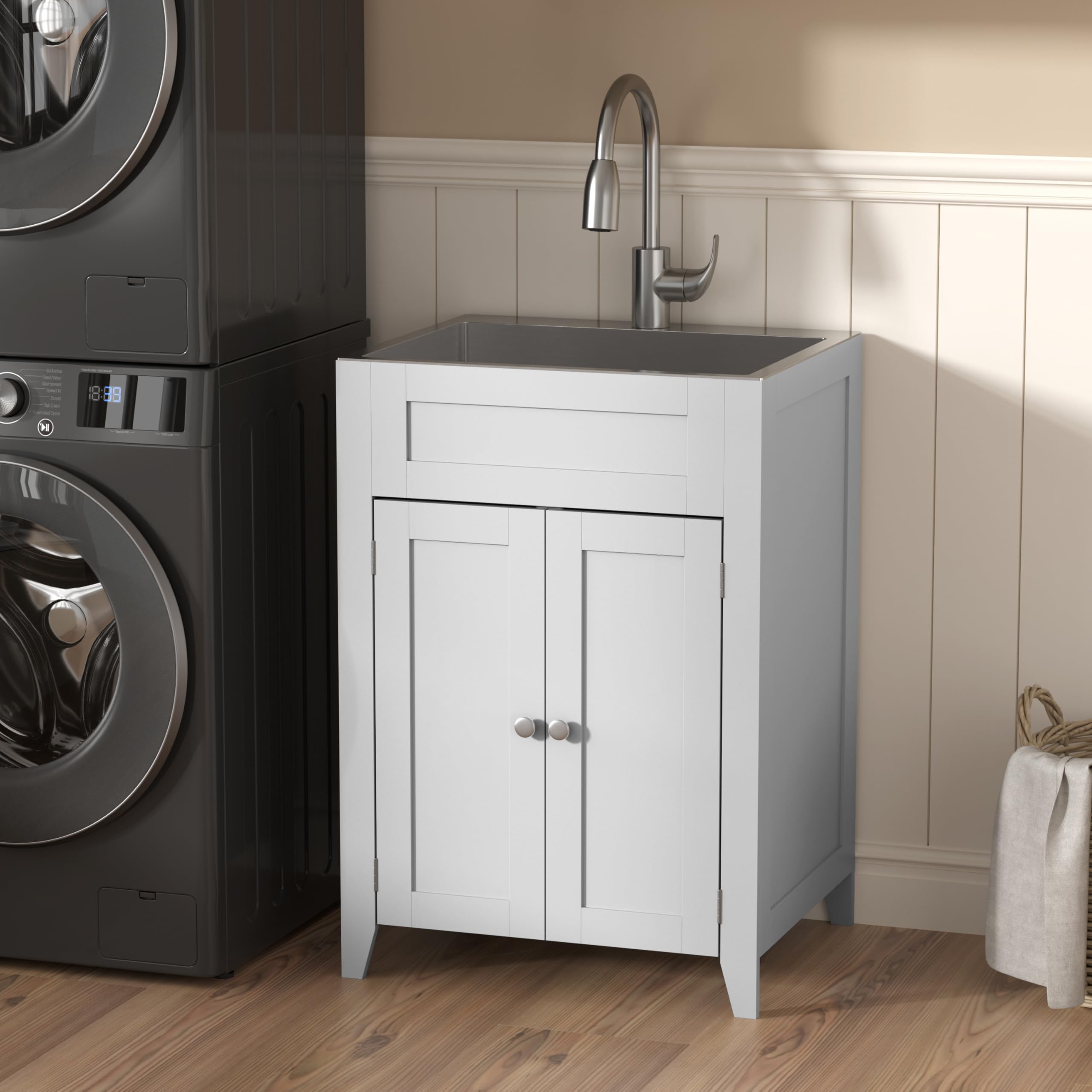 ROVSUN 24" x 20" Utility Sink with Cabinet for Kitchen Laundry Room White