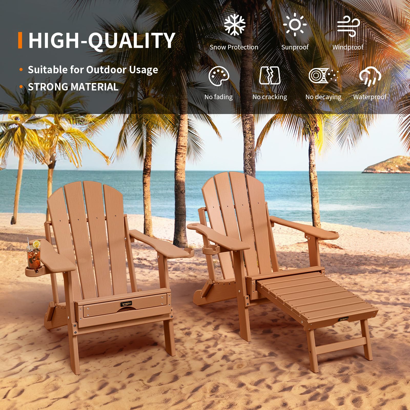 Plastic Folding HDPE Adirondack Chairs with Retractable Footrest Teak