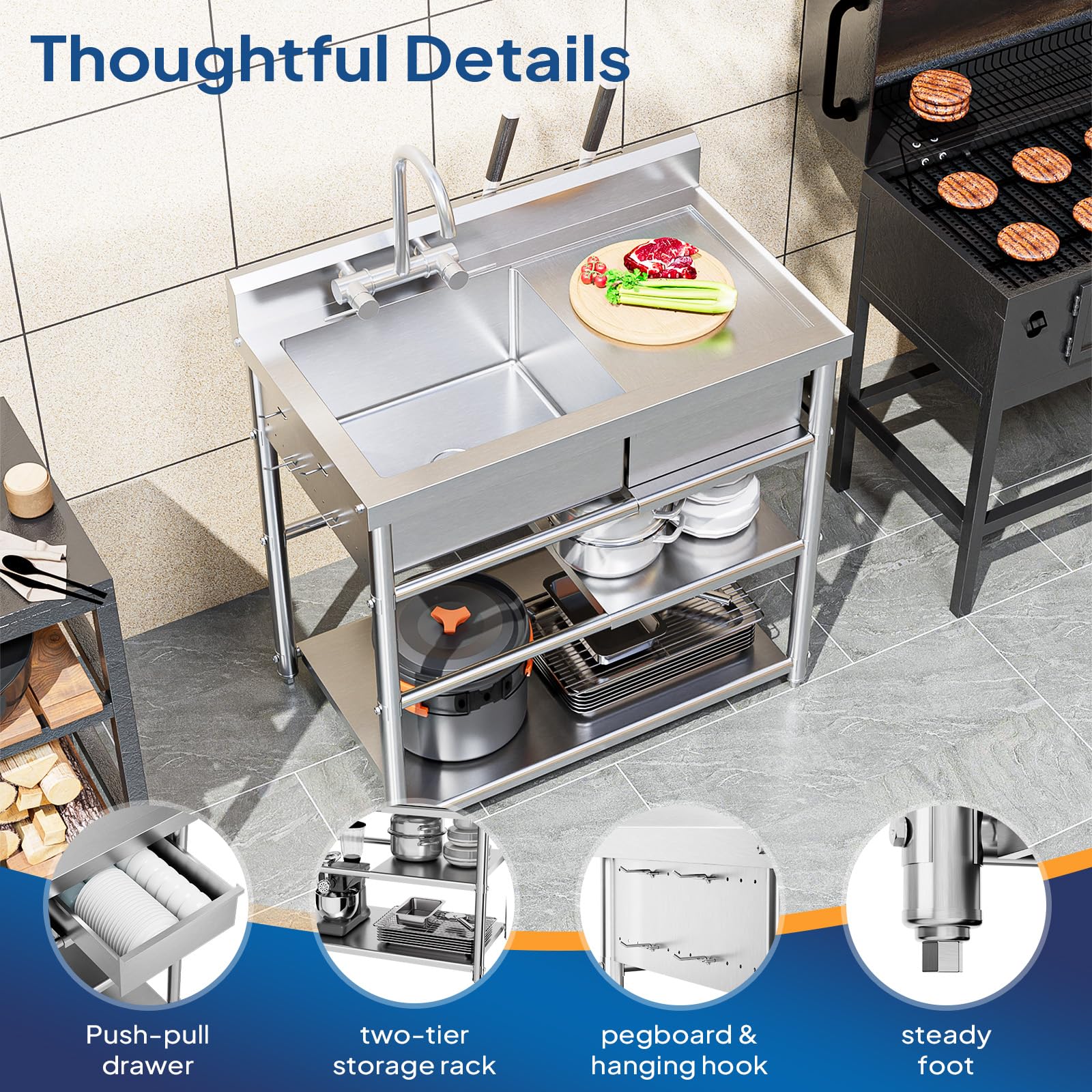 ROVSUN 36" x 21" 1 Compartment Stainless Steel Sink with Storage Drawer