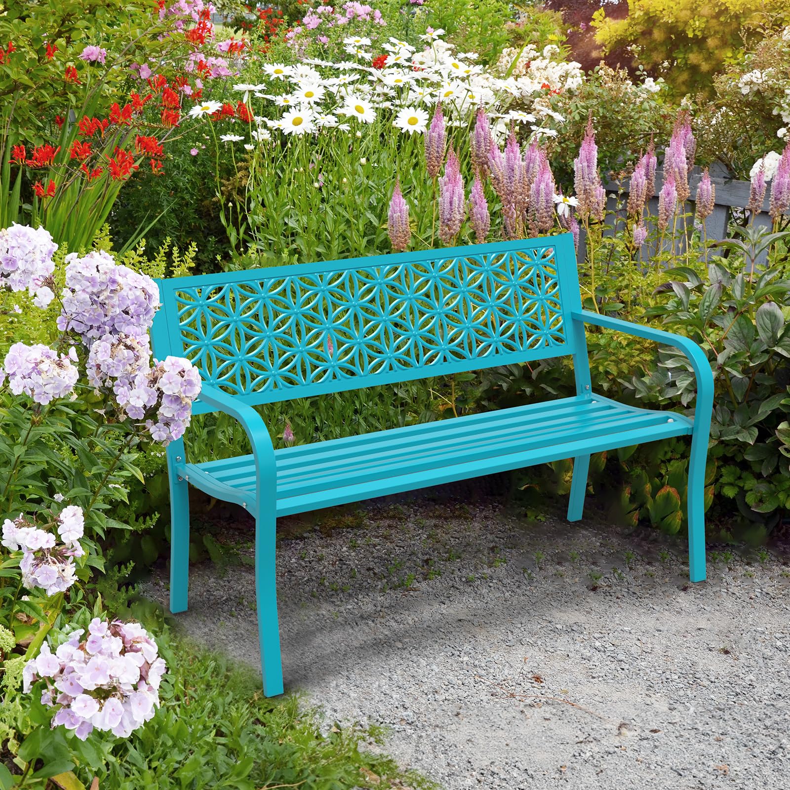 50" Outdoor Bench Metal with Floral Back Blue