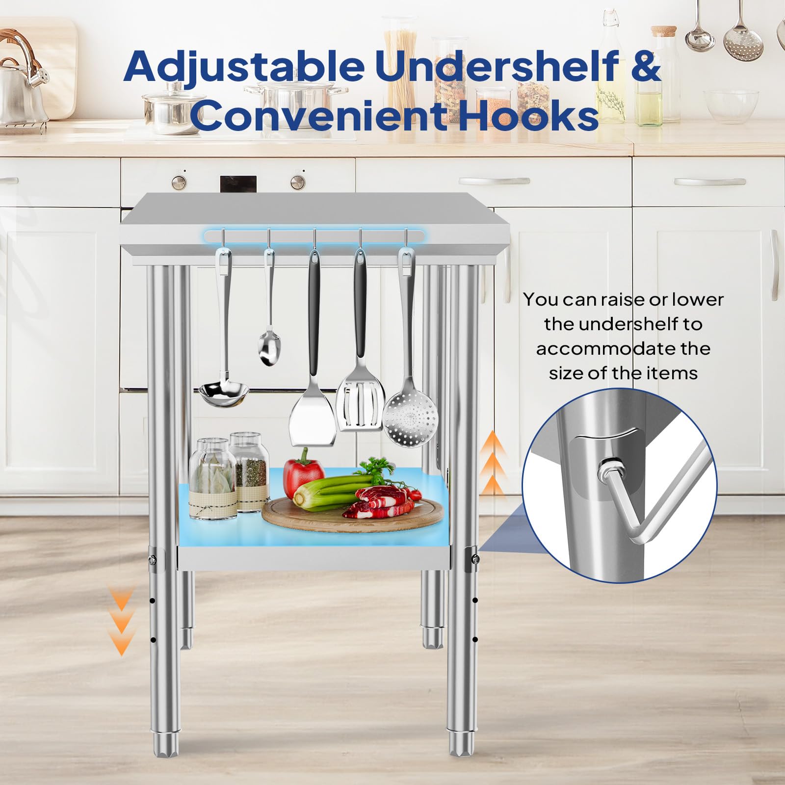 ROVSUN 36" x 24" Stainless Steel Table with Hooks & Undershelf