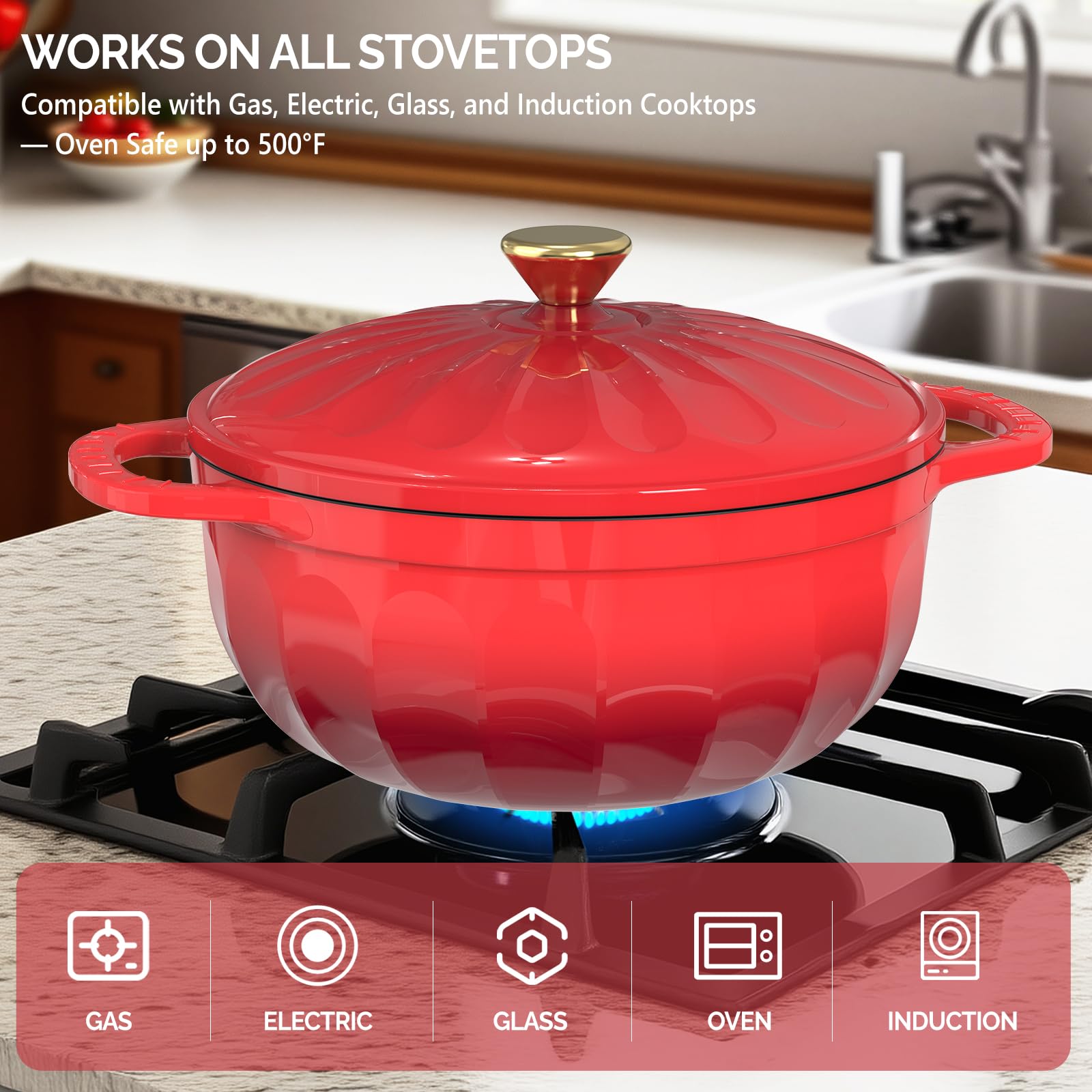 ROVSUN 5 QT Enameled Cast Iron Round Dutch Oven Red Gradient