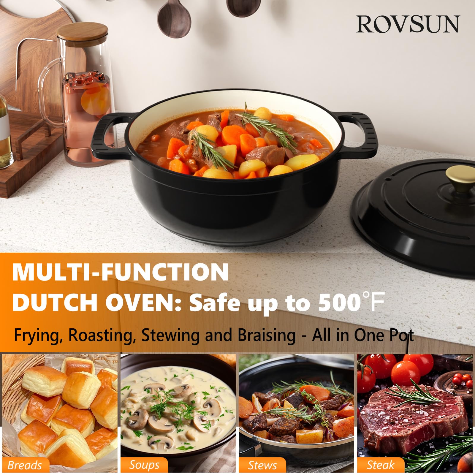 ROVSUN 7.5 QT Enameled Cast Iron Round Dutch Oven Black
