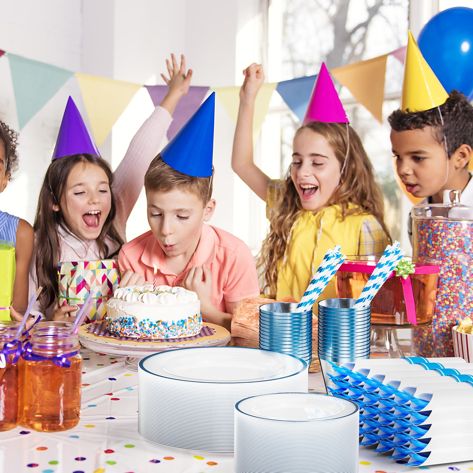 ROVSUN 400 Pieces Pre Rolled Napkins Blue Disposable Plastic Dinnerware Set for 50 Guests