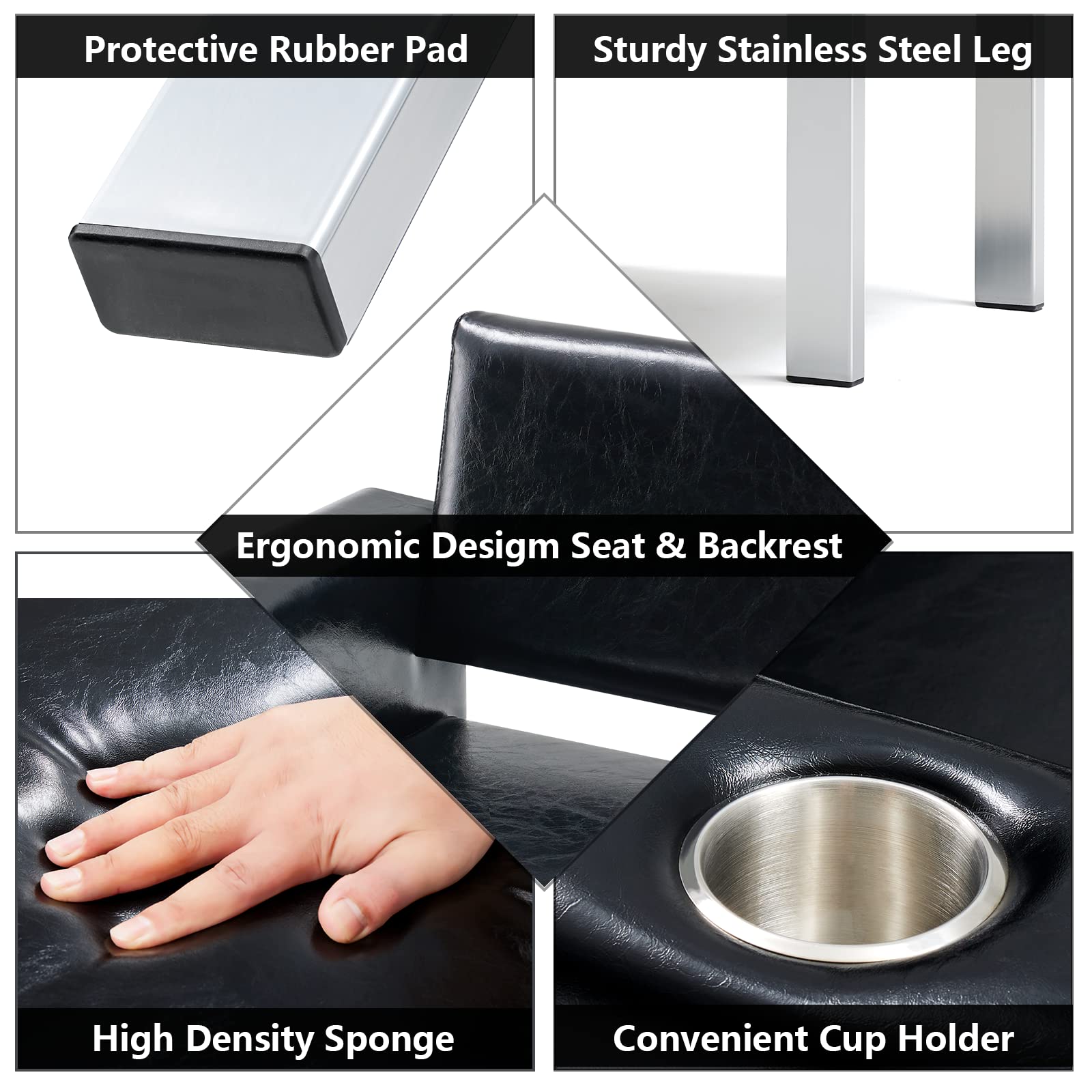 60.6" Waiting Chair Bench Seating Faux Leather with 2 Cup Holder Black