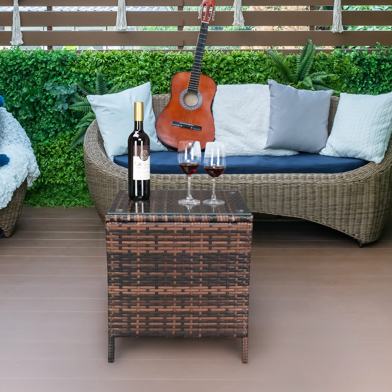 Outdoor Wicker Side Table with Storage Brown