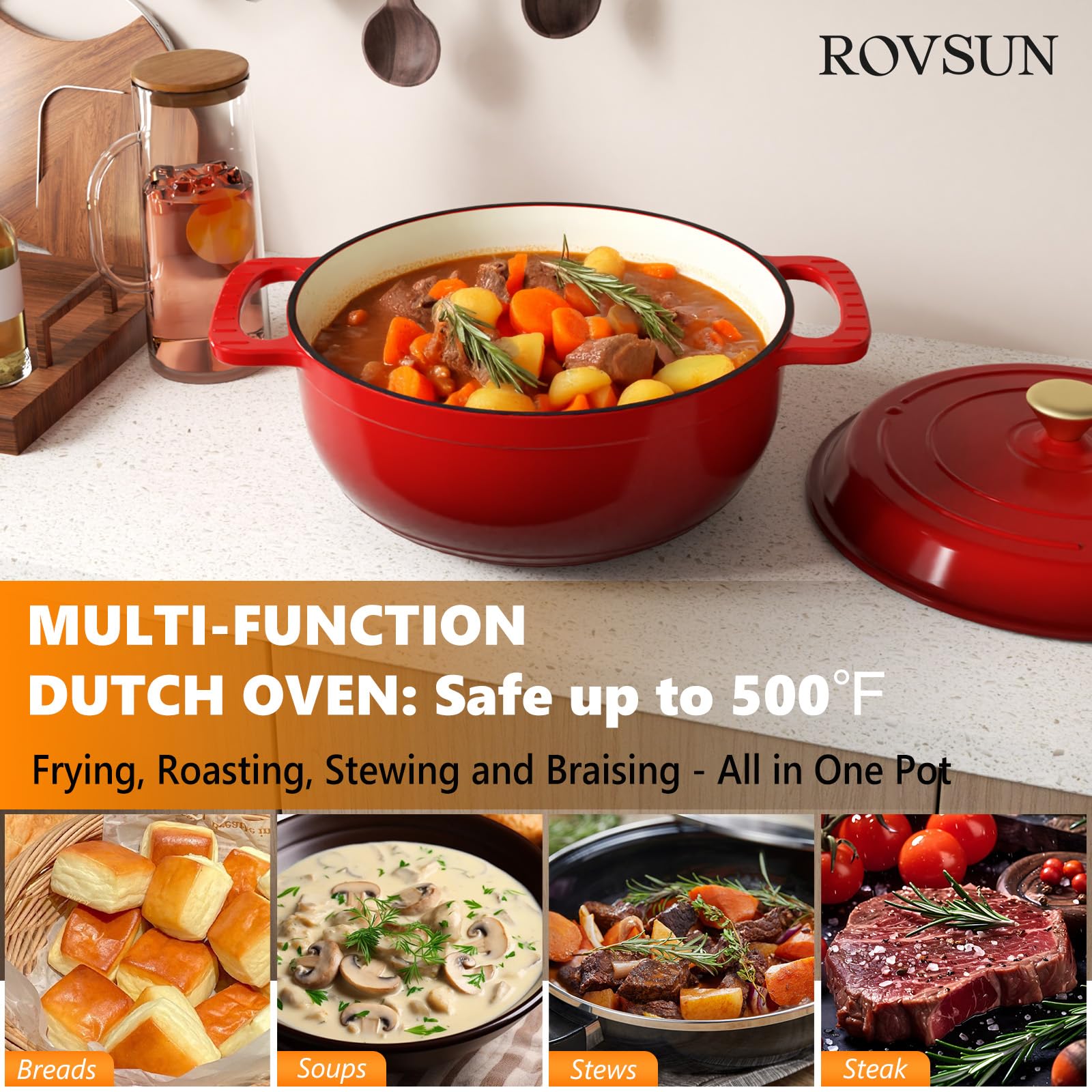 ROVSUN 7.5 QT Enameled Cast Iron Round Dutch Oven Red