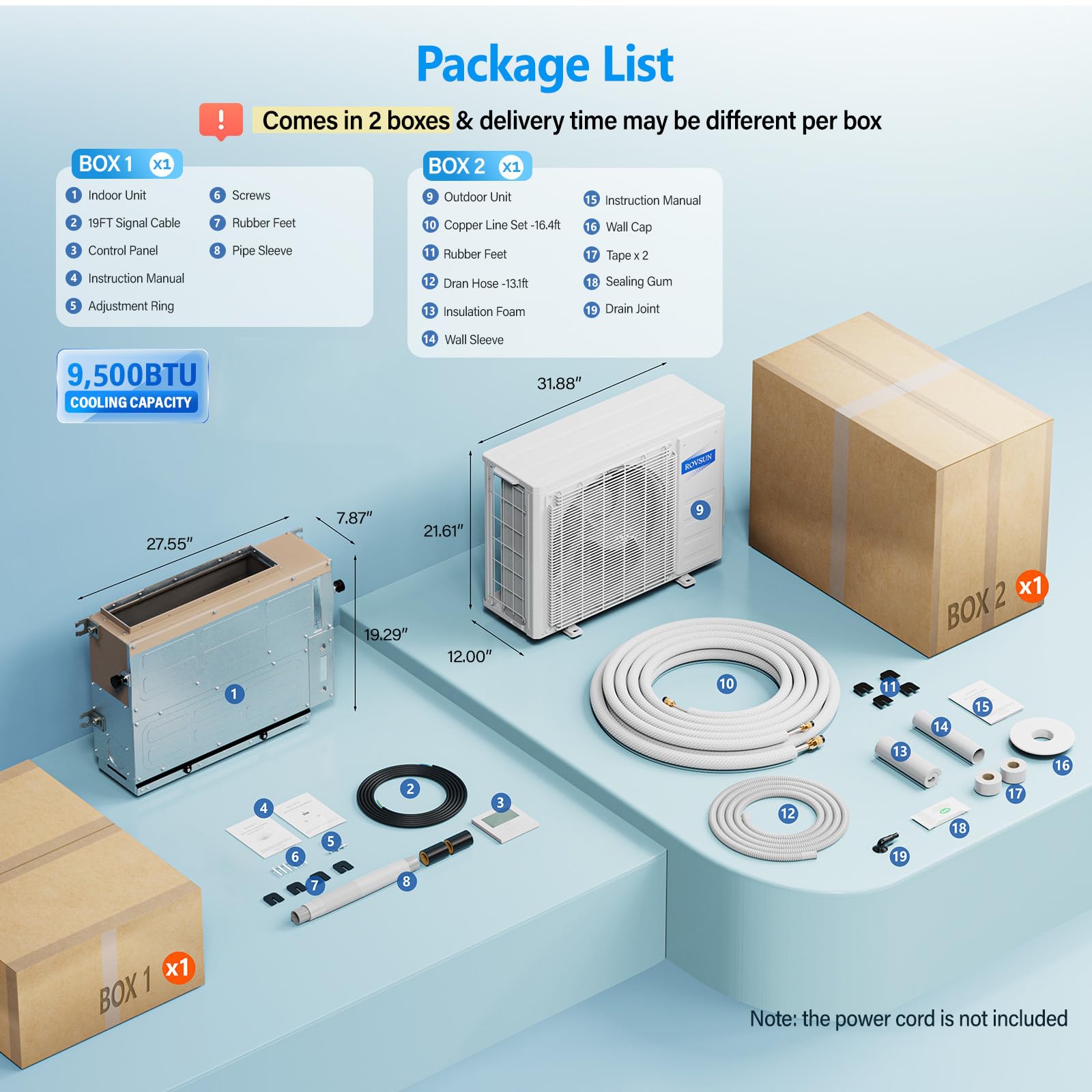 ROVSUN 9,500 BTU 24 SEER2 230V Ceiling Concealed Ducted Air Conditioner with Heat Pump & Install Kit