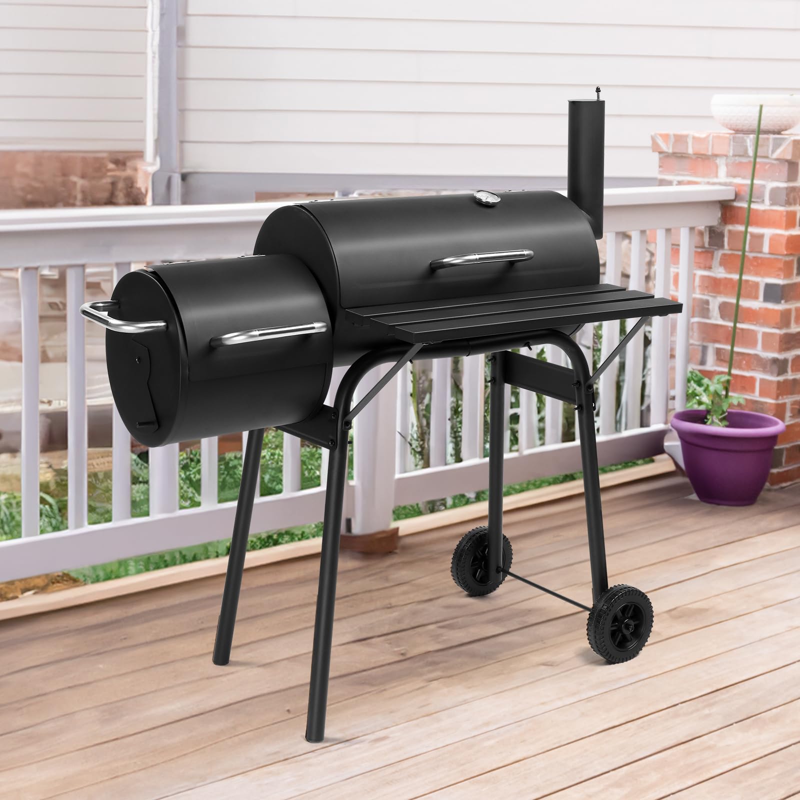 VINGLI Barrel Charcoal Grill with Offset Smoker