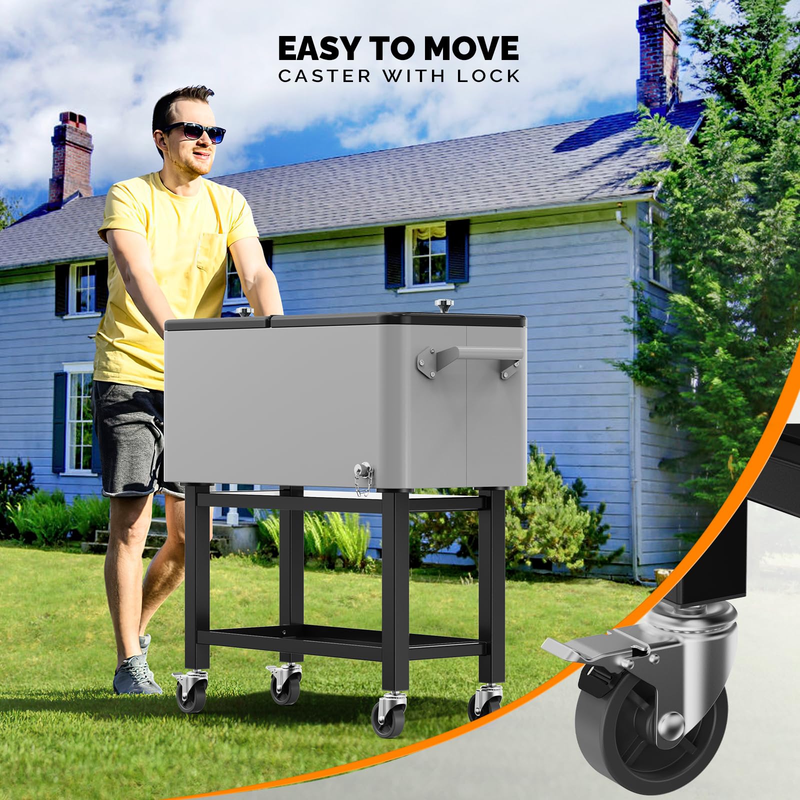 80 Quart Portable Patio Rooling Cooler Cart Detachable Grey