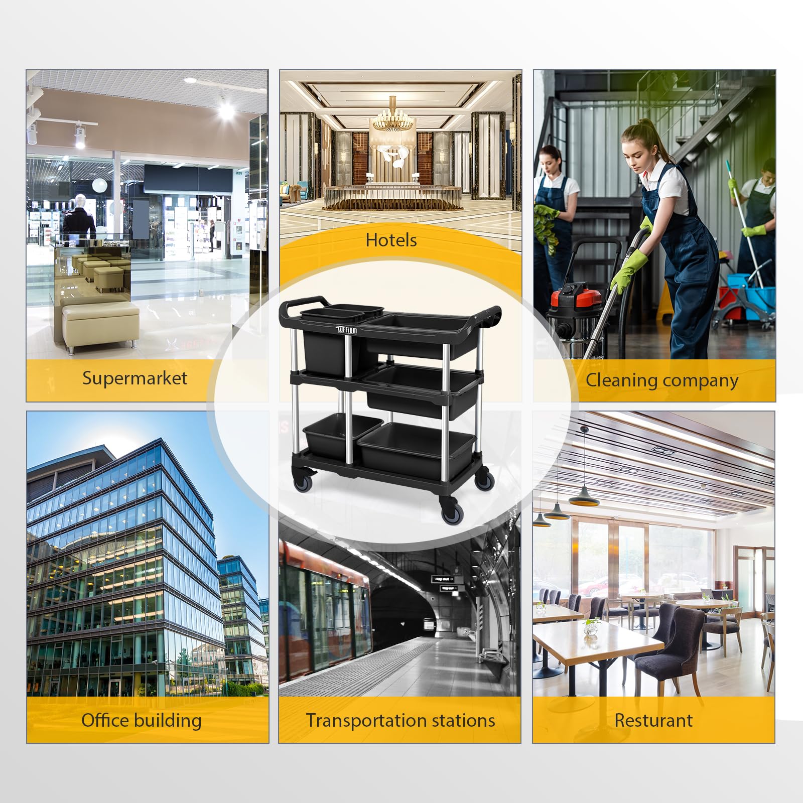 3-Tier 41" x 18" 330 lb. Capacity Plastic Utility Cart/Bussing Cart Black