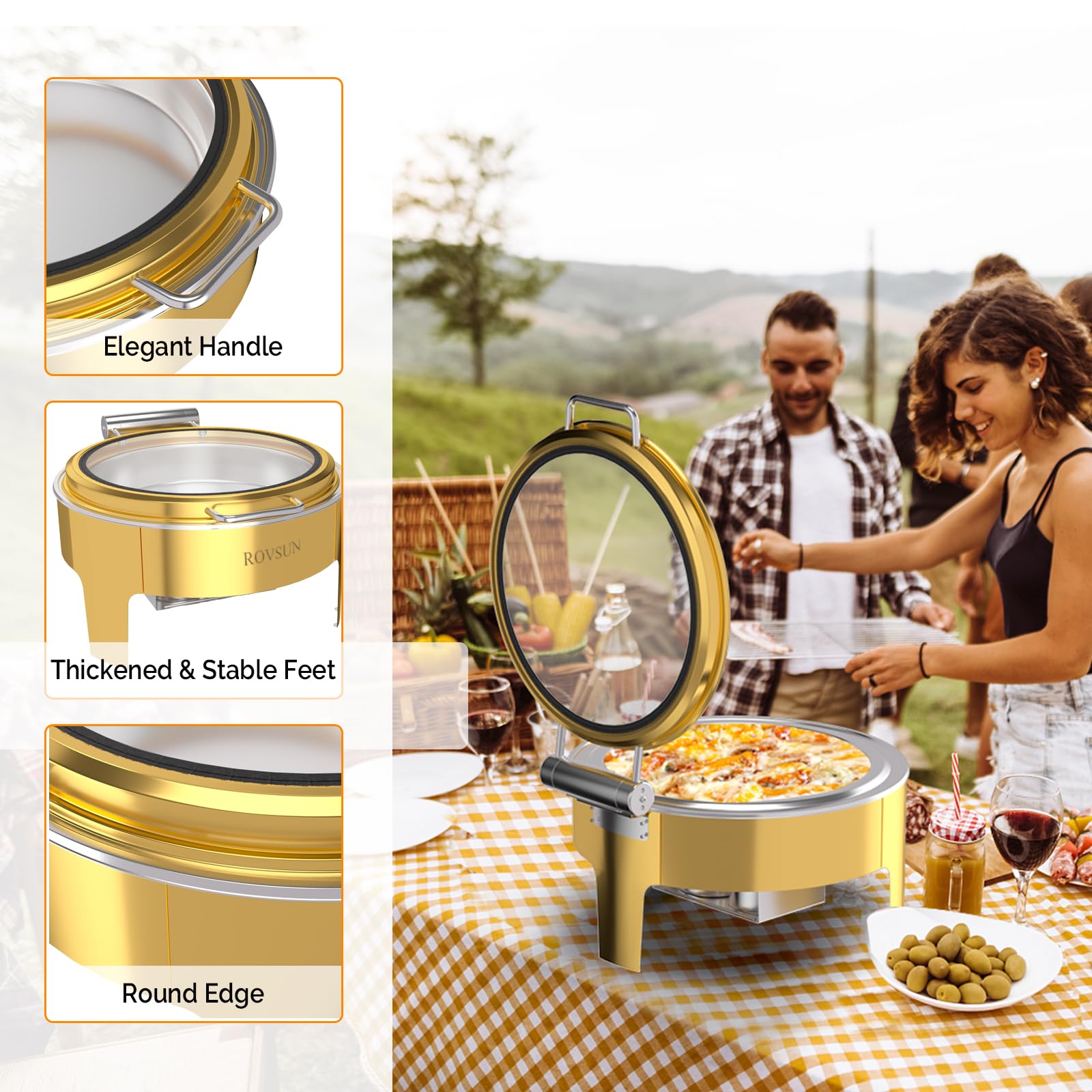 ROVSUN 6 QT Round Gold Chafing Dish Buffet Set with Serving Tong