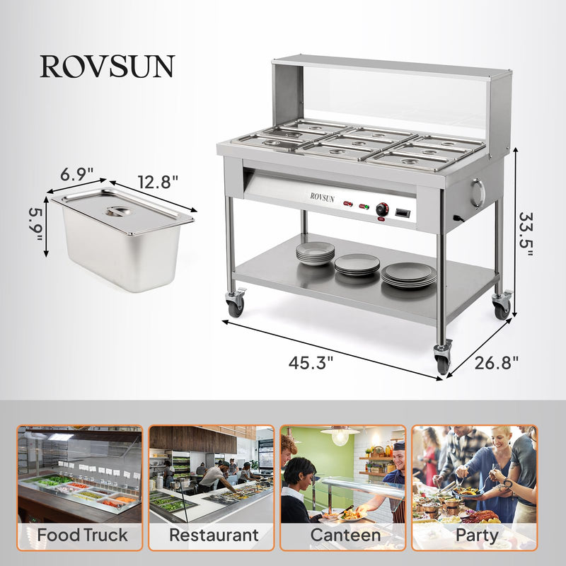 ROVSUN 72QT 1500W 110V 9-Pan Electric Steam Table Food Warmer Commercial with Shelf