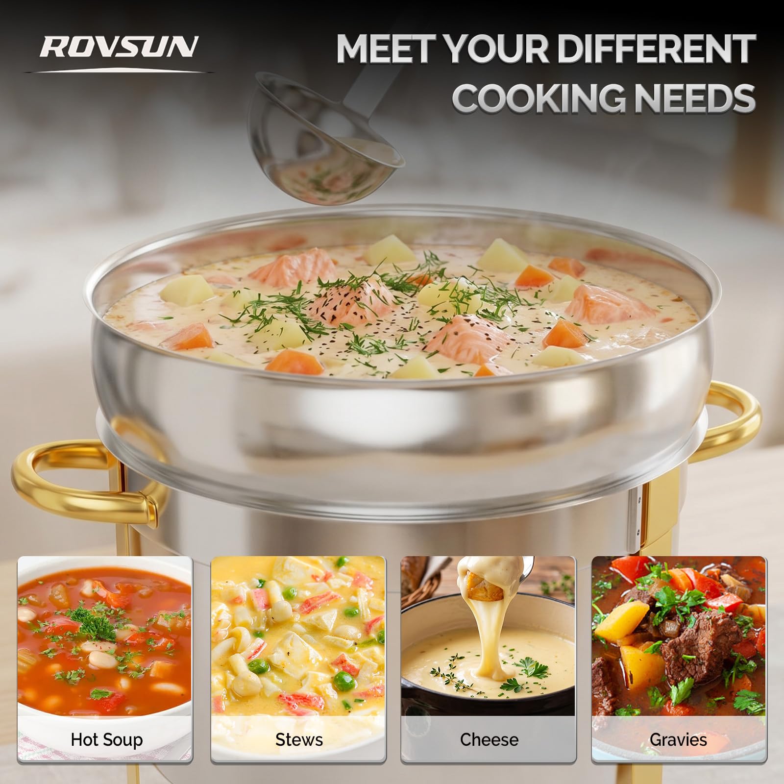 ROVSUN 11 QT Round Silver-Gold Buffet Soup Chafer with Lid Holder