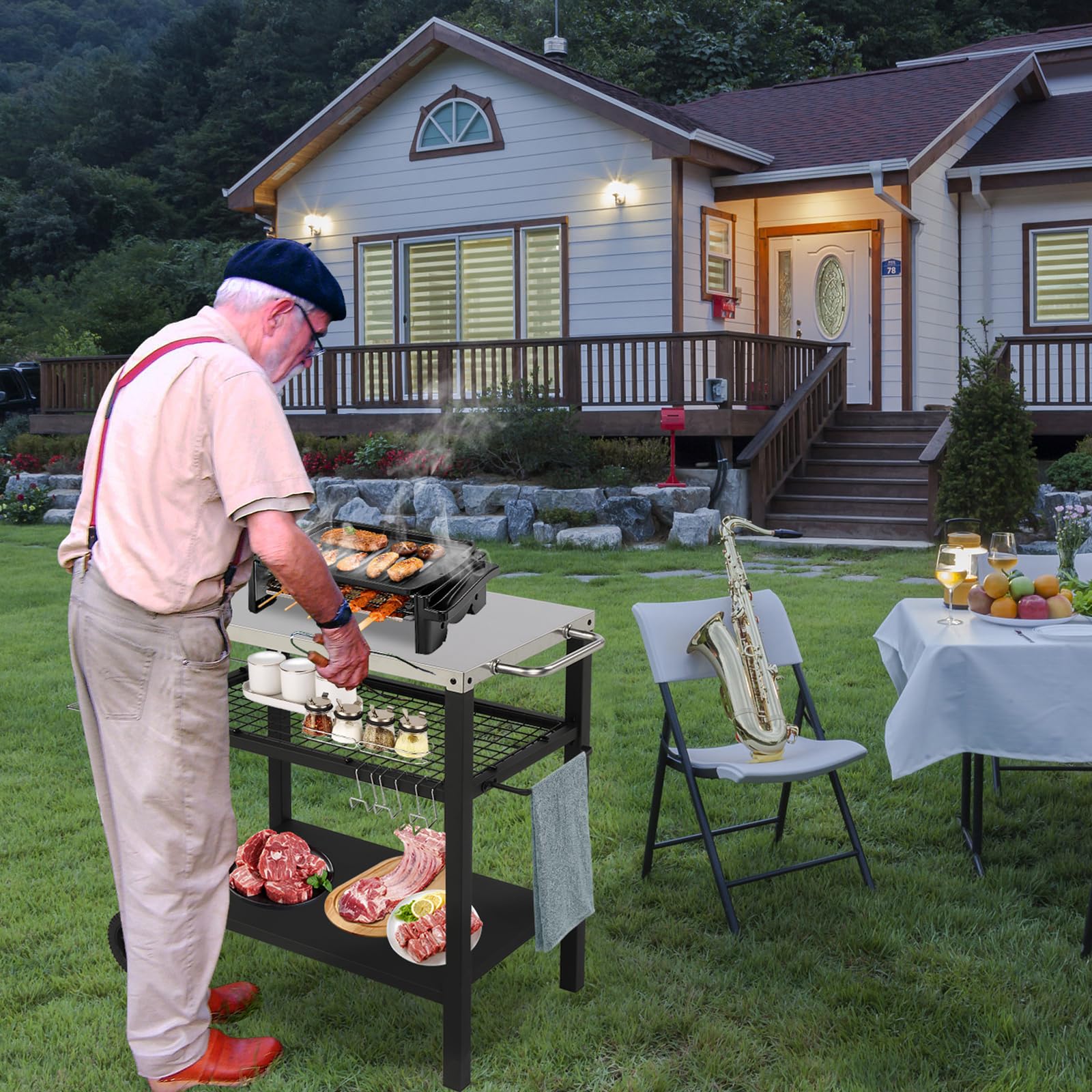 ROVSUN 44" Outdoor Grill Cart with Mesh Racks Silver