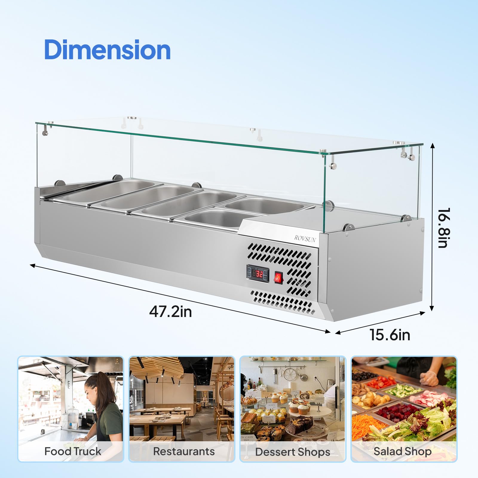 ROVSUN 47" 125W 110V Refrigerated Prep Rail Countertop with Glass Shield