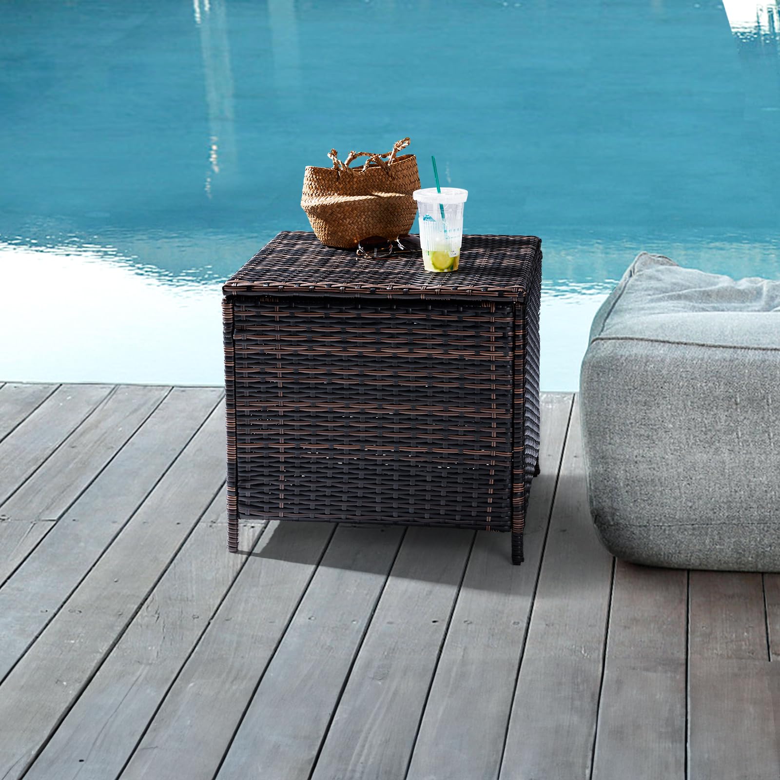 27 Gallon Rectangular Outdoor Wicker Side Table with Storage
