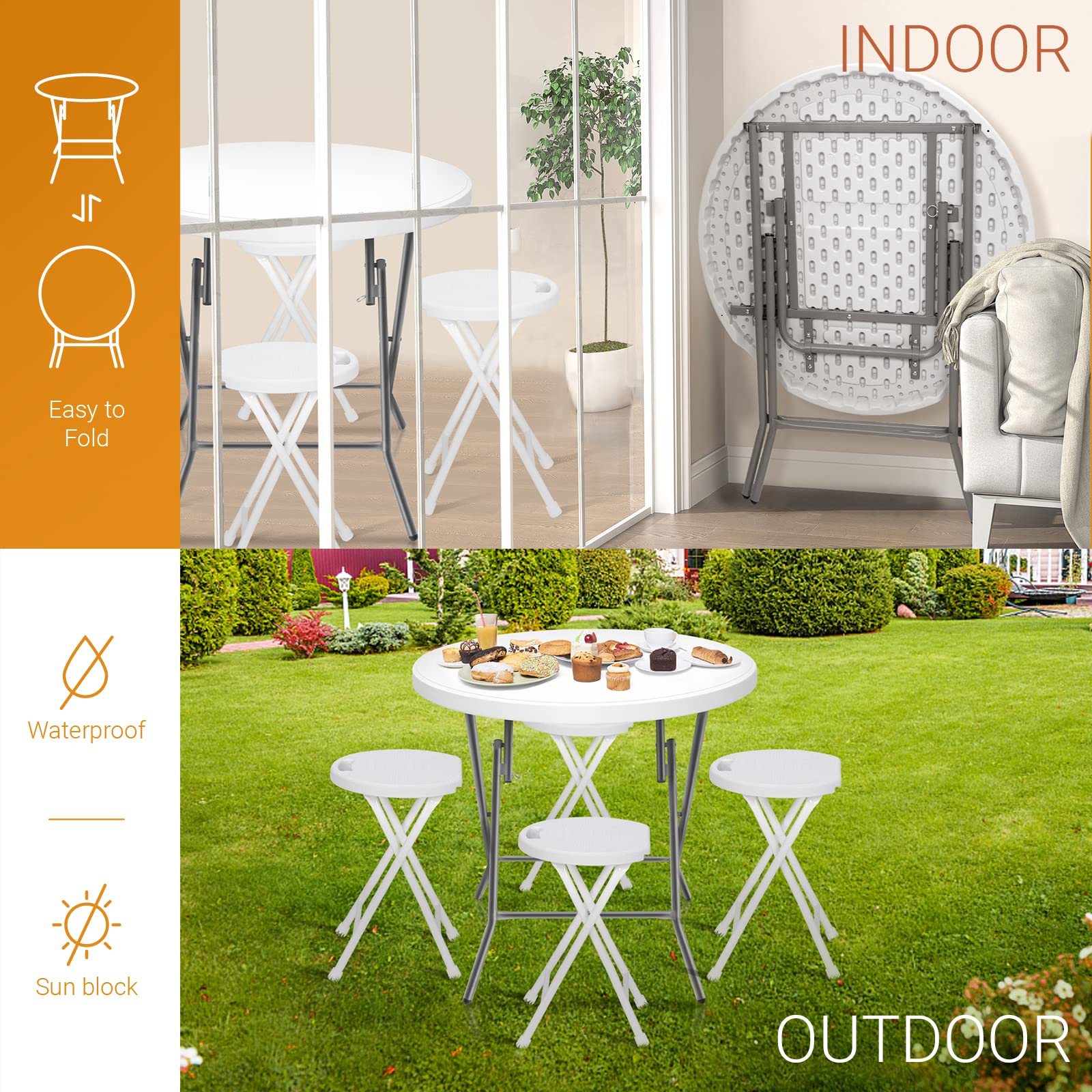 32" Round Folding Portable Plastic Dining Table White