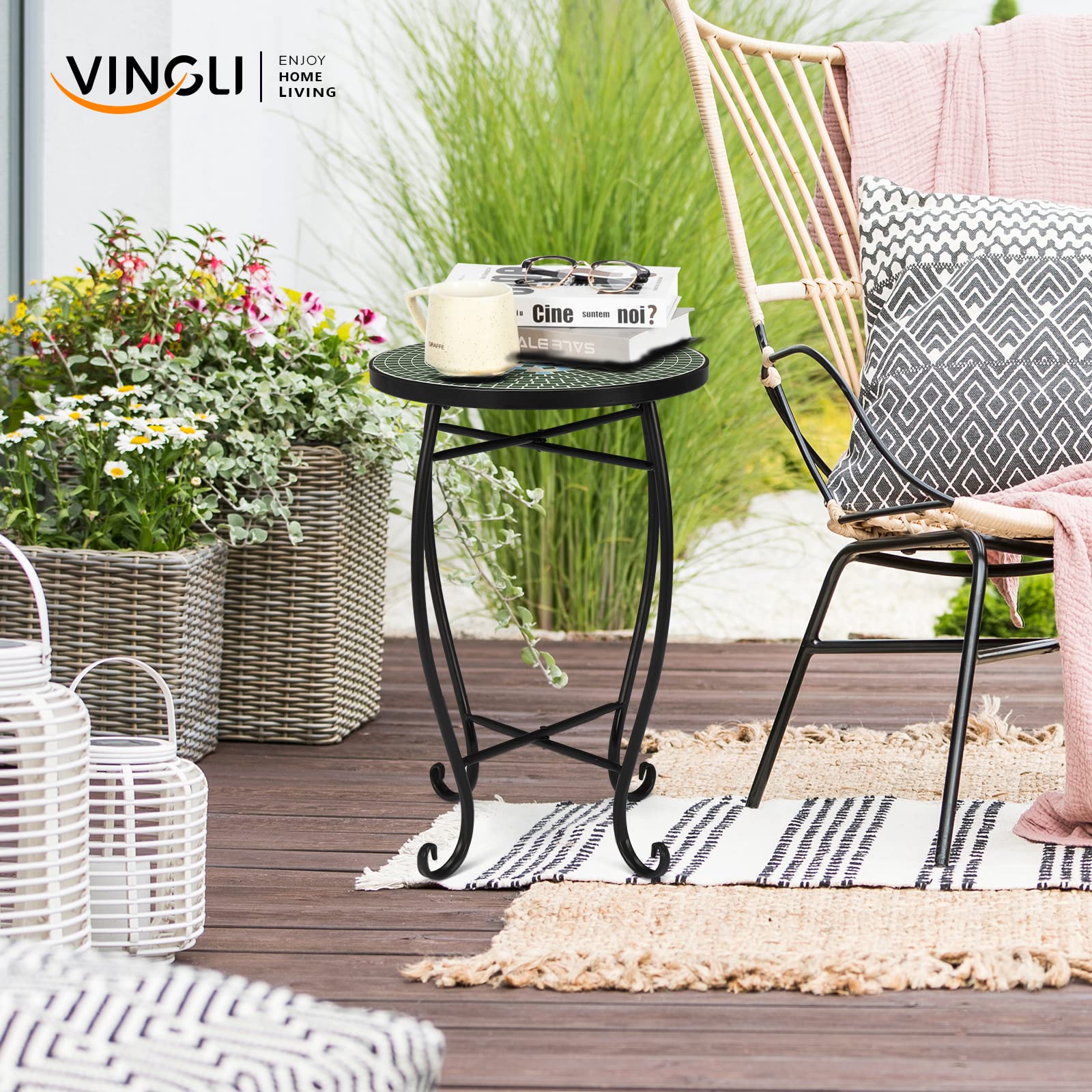 14" Round Mosaic Outdoor Side Table Green Garden