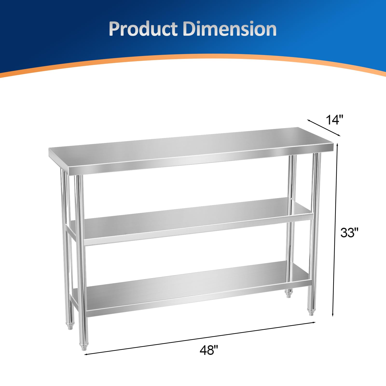 ROVSUN 48" x 14" Stainless Steel Table with 2 Shelves