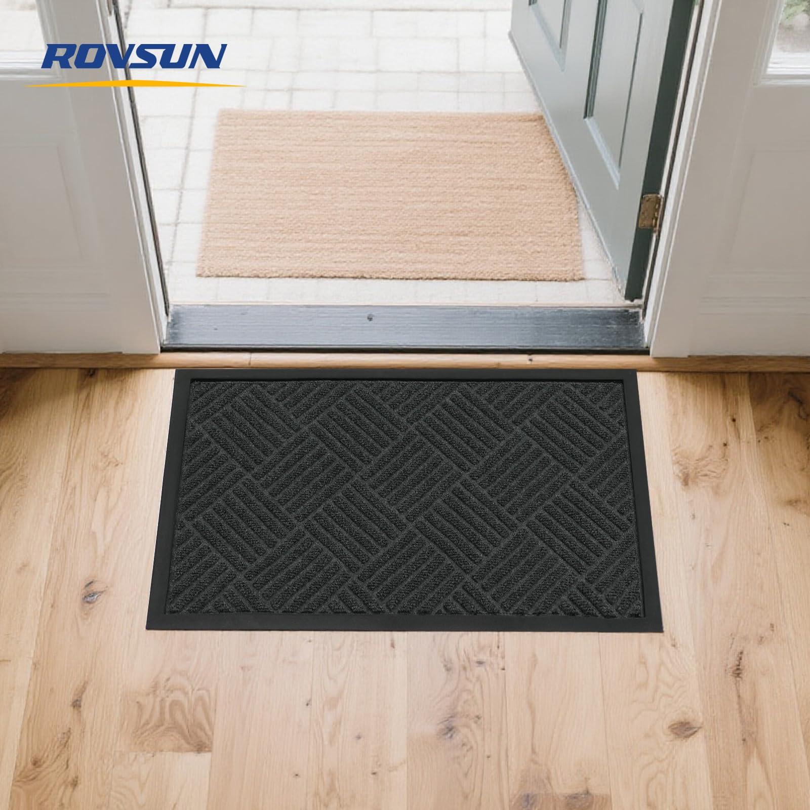 ROVSUN 29.5" × 17.7" Front Door Mat with Diamond Pattern Non-Slip Grey