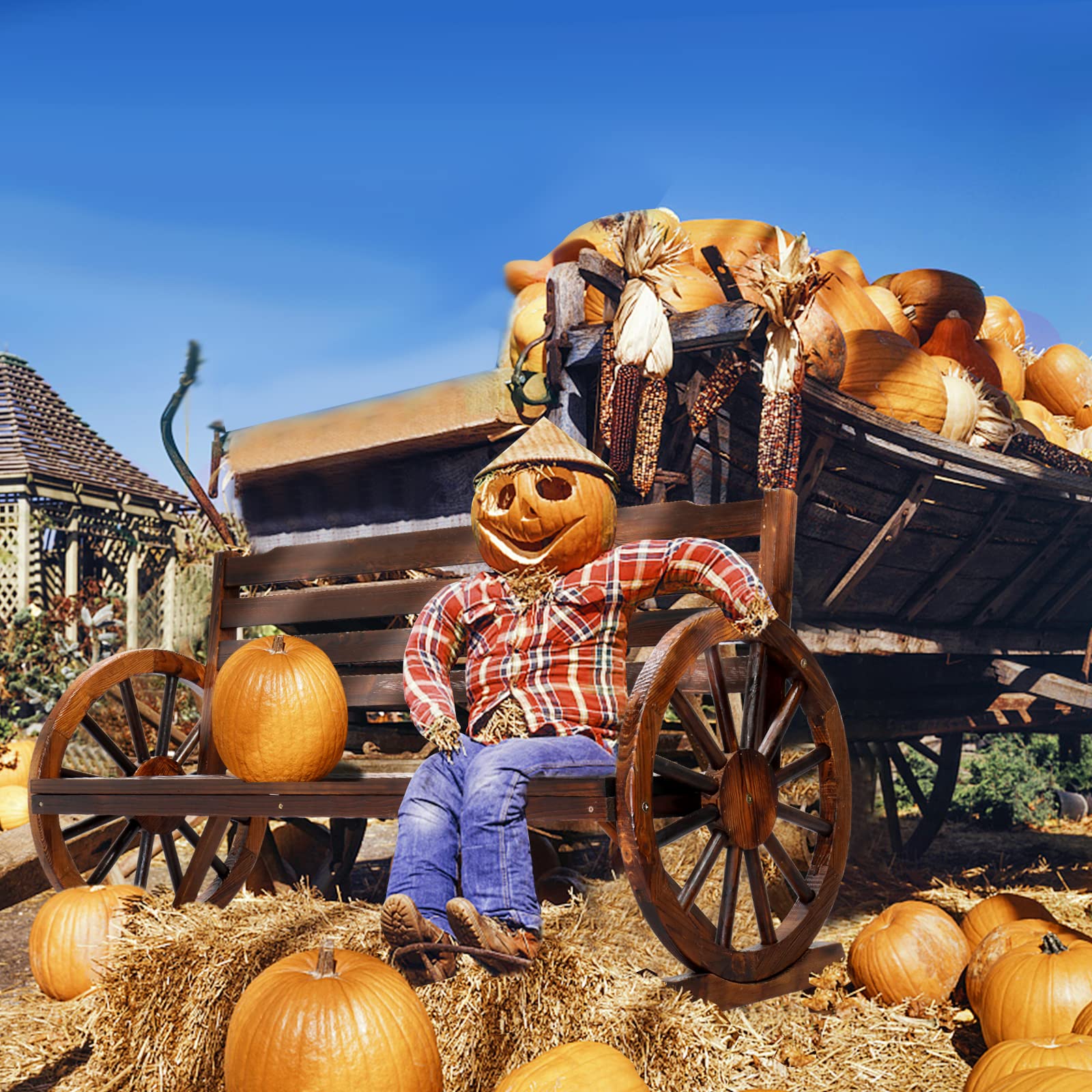 55" Outdoor Bench with Rustic Wooden Wheel