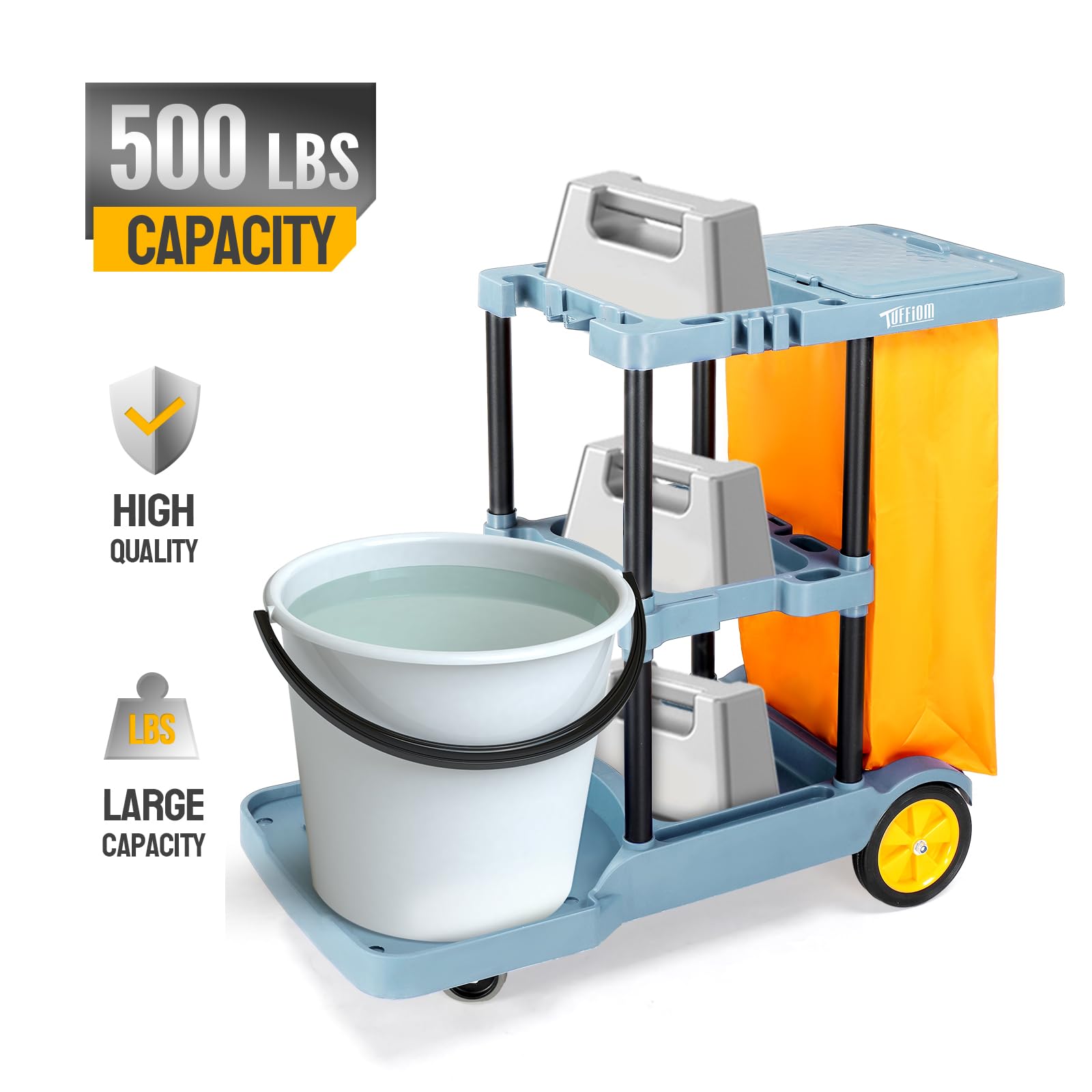 3-Tier 500 LBS Capacity Janitorial Cart with 22 Gallon Bag Blue