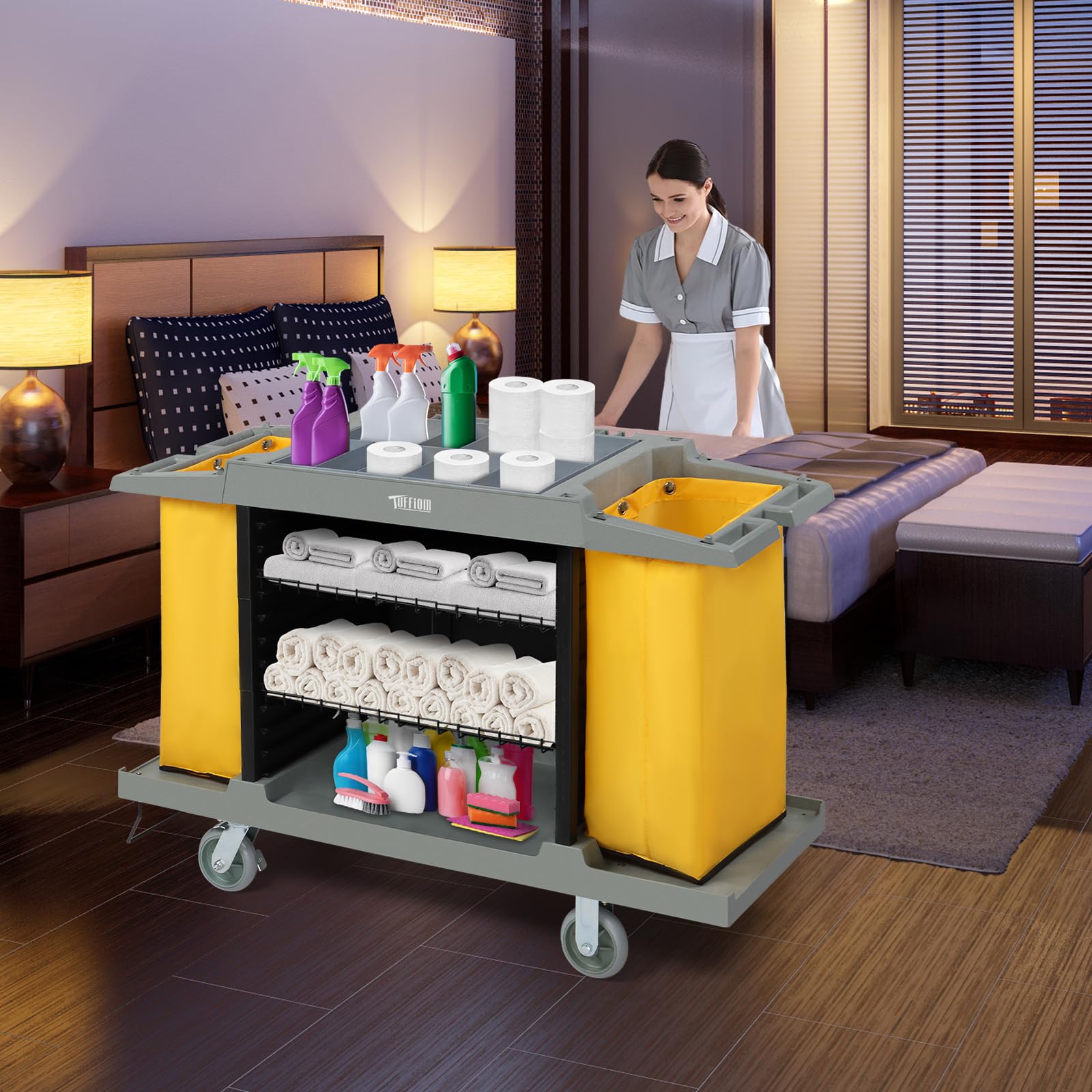 57" Multifunctional Housekeeping Hotel Cart Janitorial Cart
