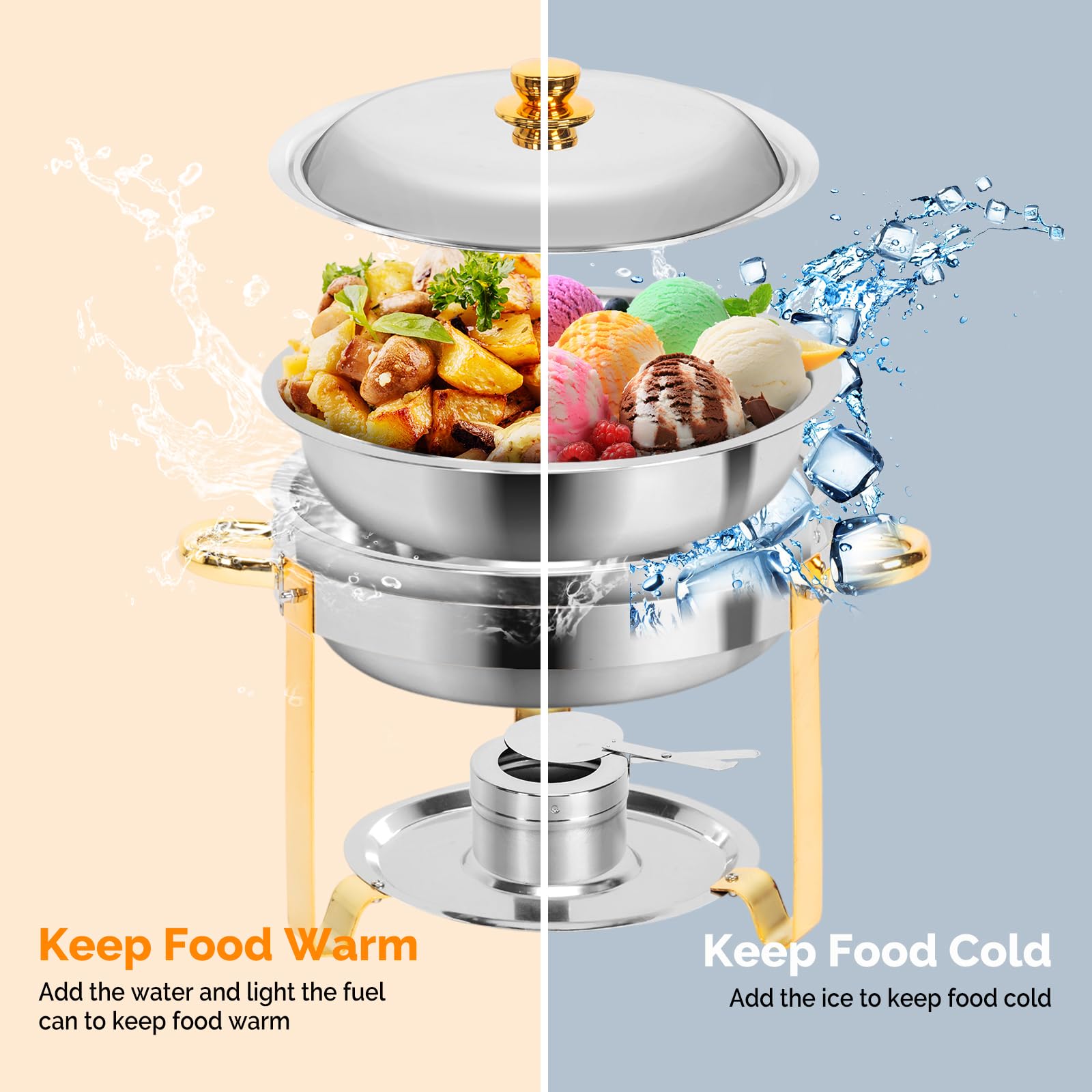 ROVSUN 5 QT Round Gold Chafing Dish Buffet Set with Stainless Steel Lid Holder