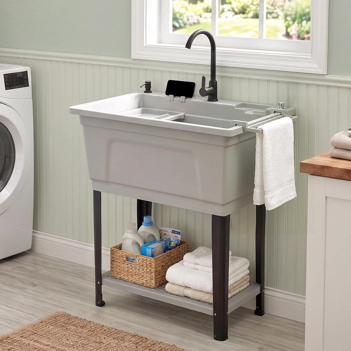 ROVSUN 32" X 24" Heavy Duty Plastic Laundry Tub with Storage Shelf Gray