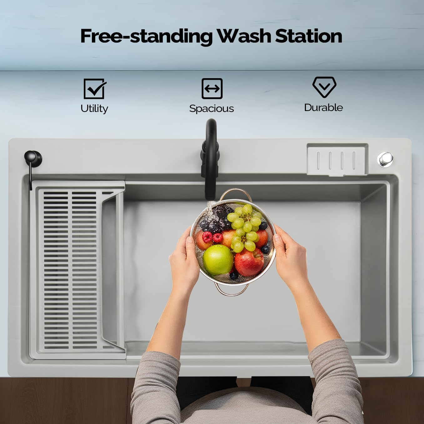 ROVSUN 40" X 24" Heavy Duty Plastic Laundry Tub with Storage Shelf Gray