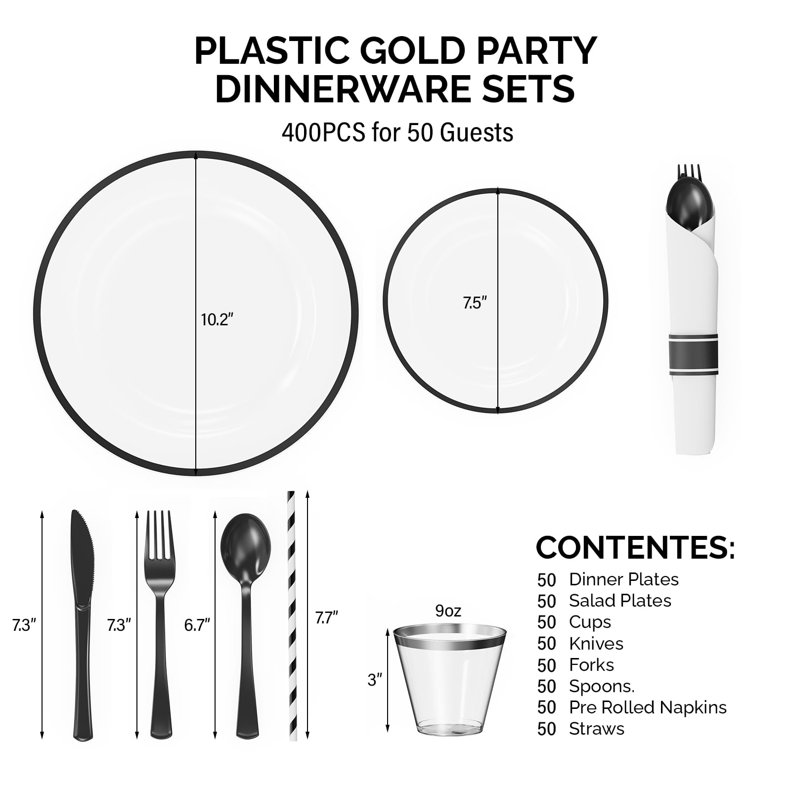 ROVSUN 400 Pieces Pre Rolled Napkins Black Disposable Plastic Dinnerware Set for 50 Guests