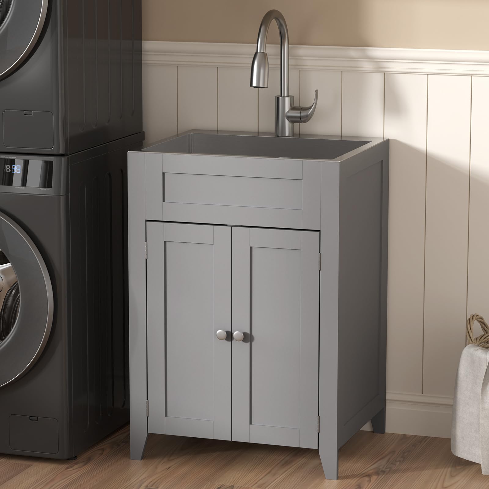 ROVSUN 24" x 20" Utility Sink with Cabinet for Kitchen Laundry Room Grey