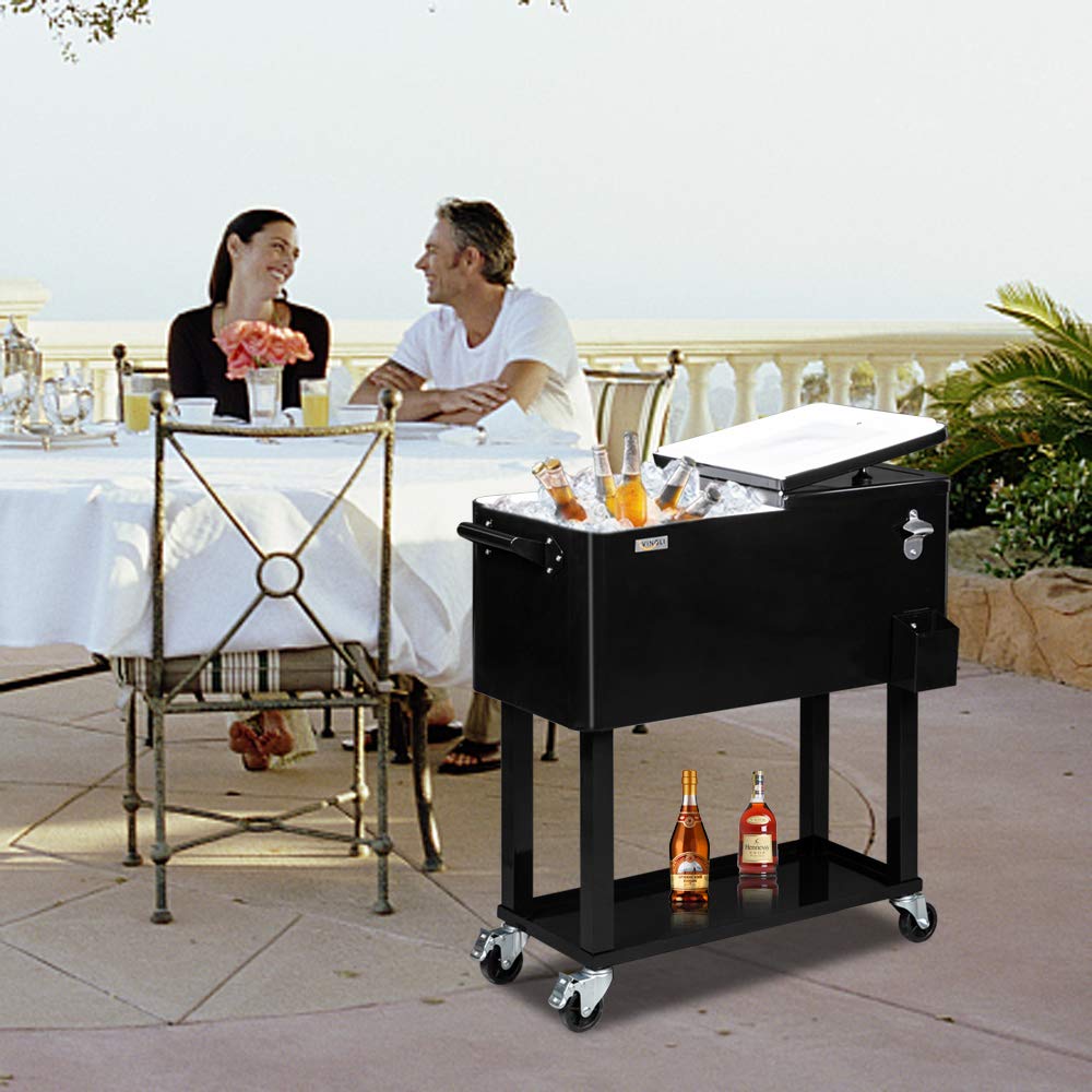 80 Quart Portable Outdoor Patio Rolling Cooler Cart Black