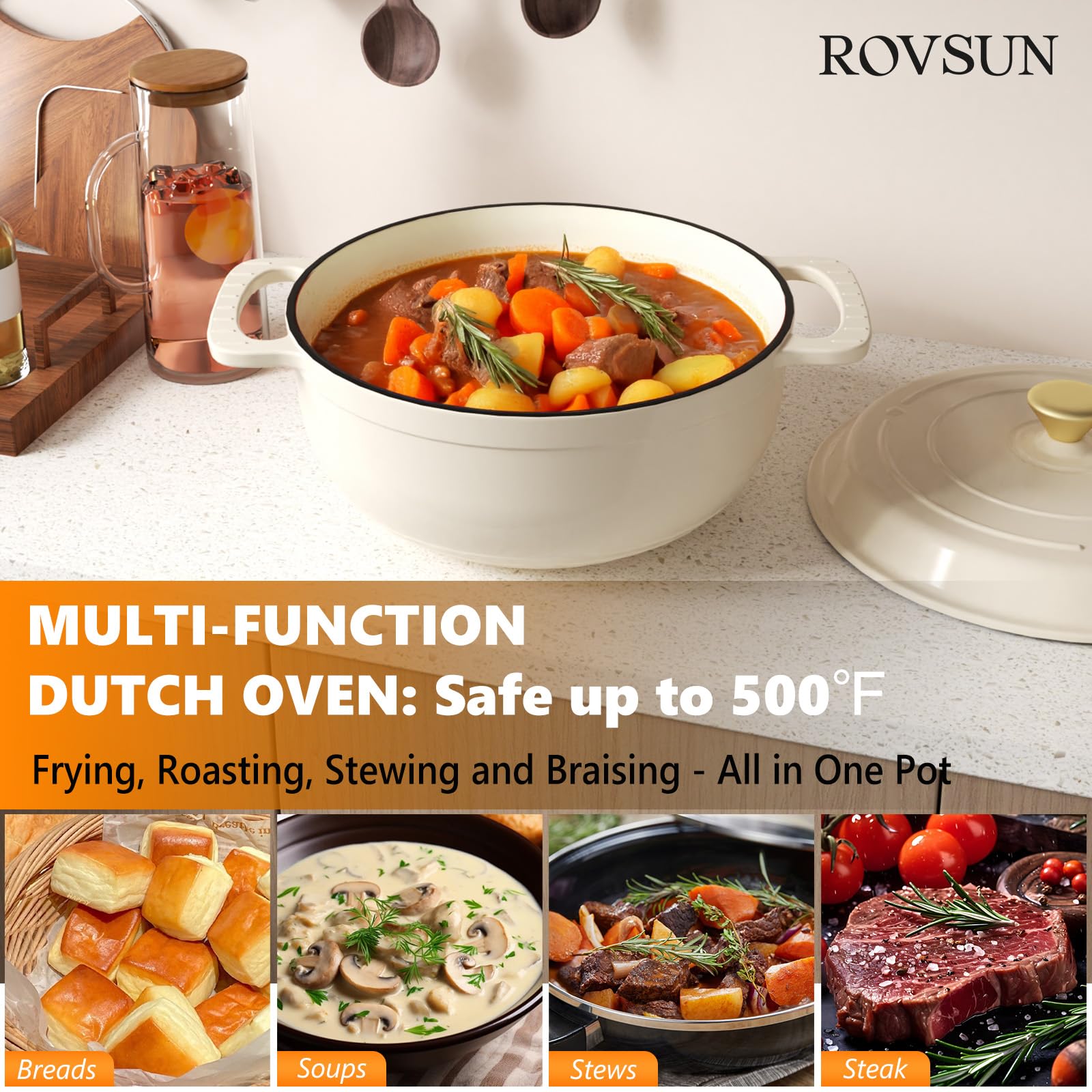 ROVSUN 7.5 QT Enameled Cast Iron Round Dutch Oven Cream White