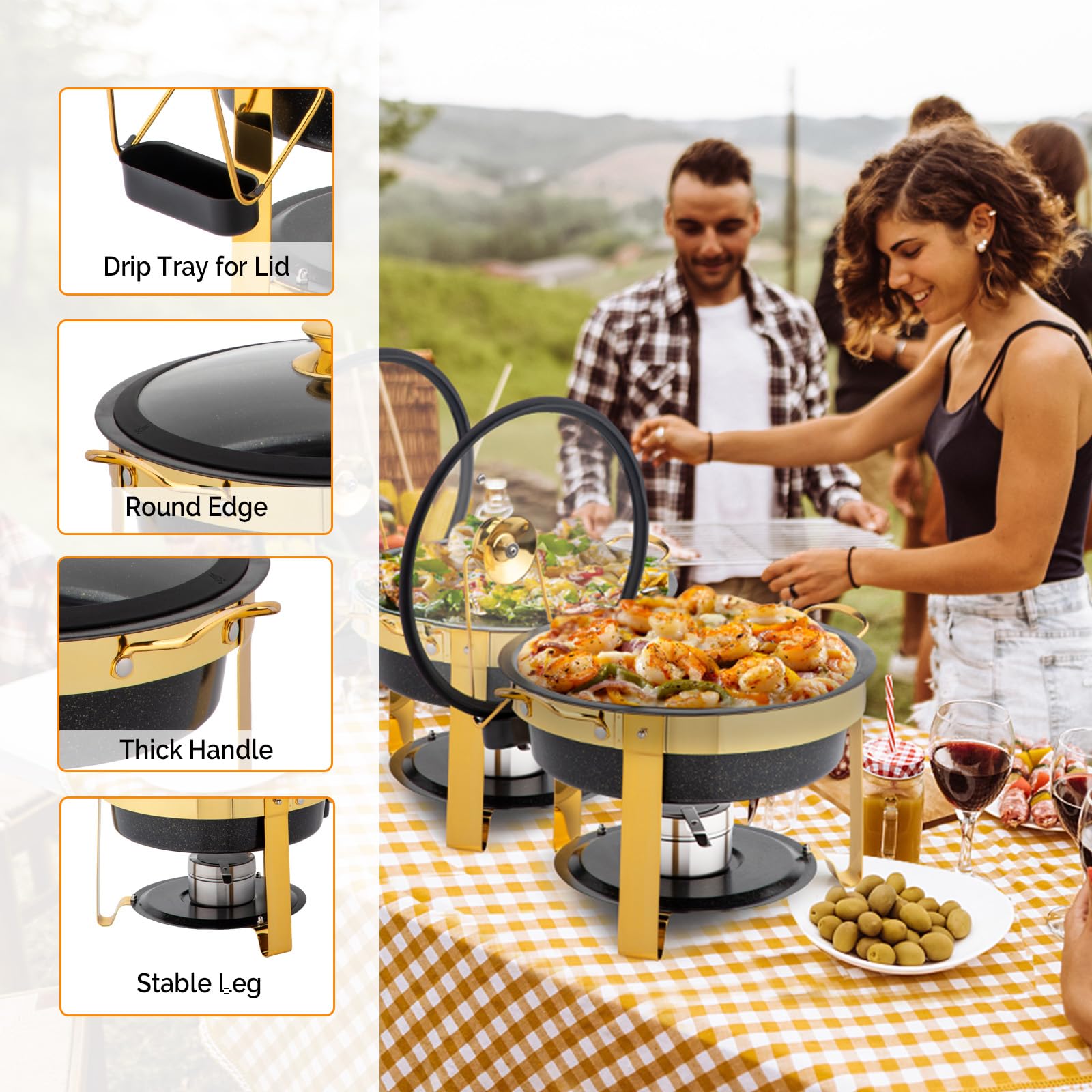 ROVSUN 5 QT Round Black & Gold Chafing Dish Buffet Set with Lid Holder