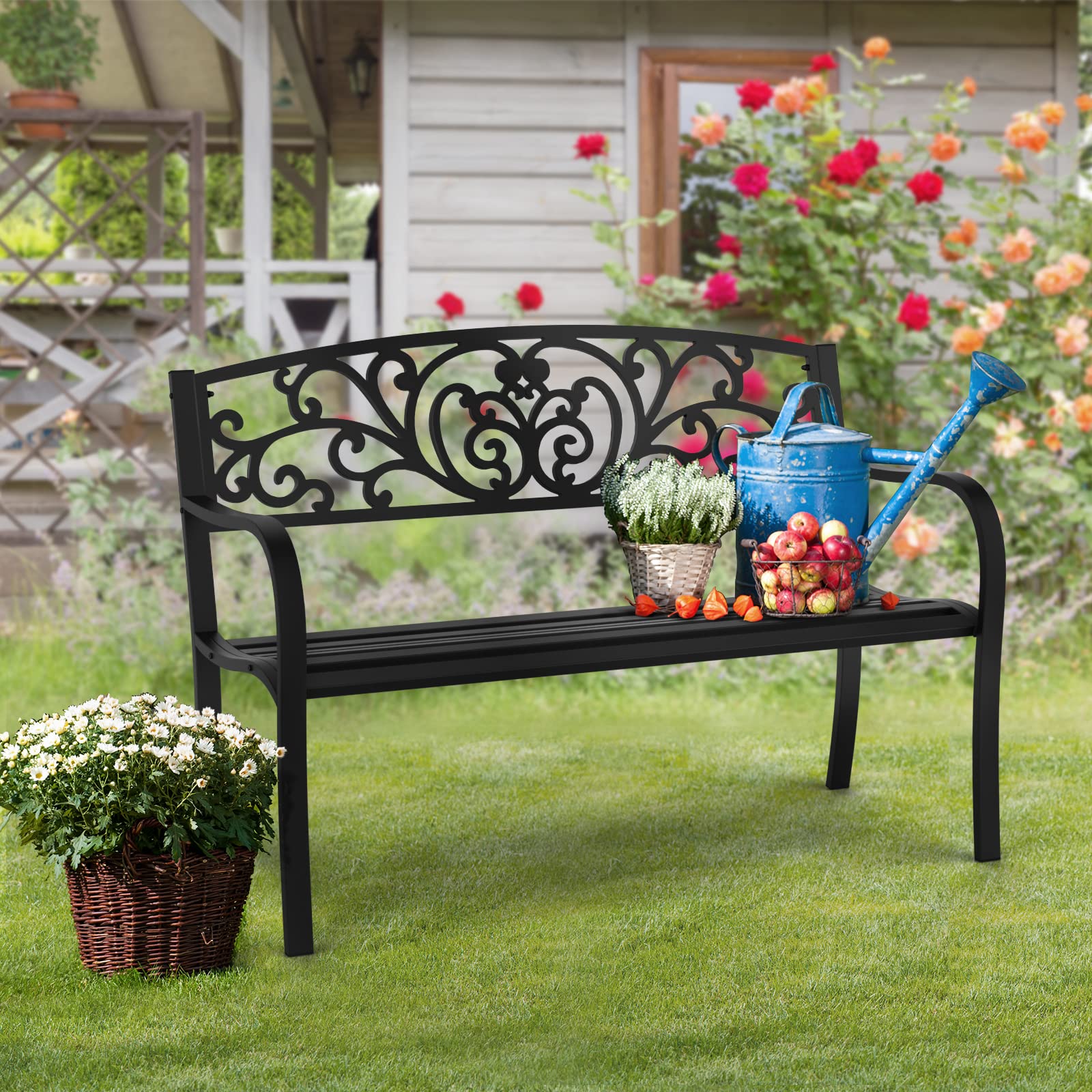 50" Outdoor Bench Metal with Floral Back