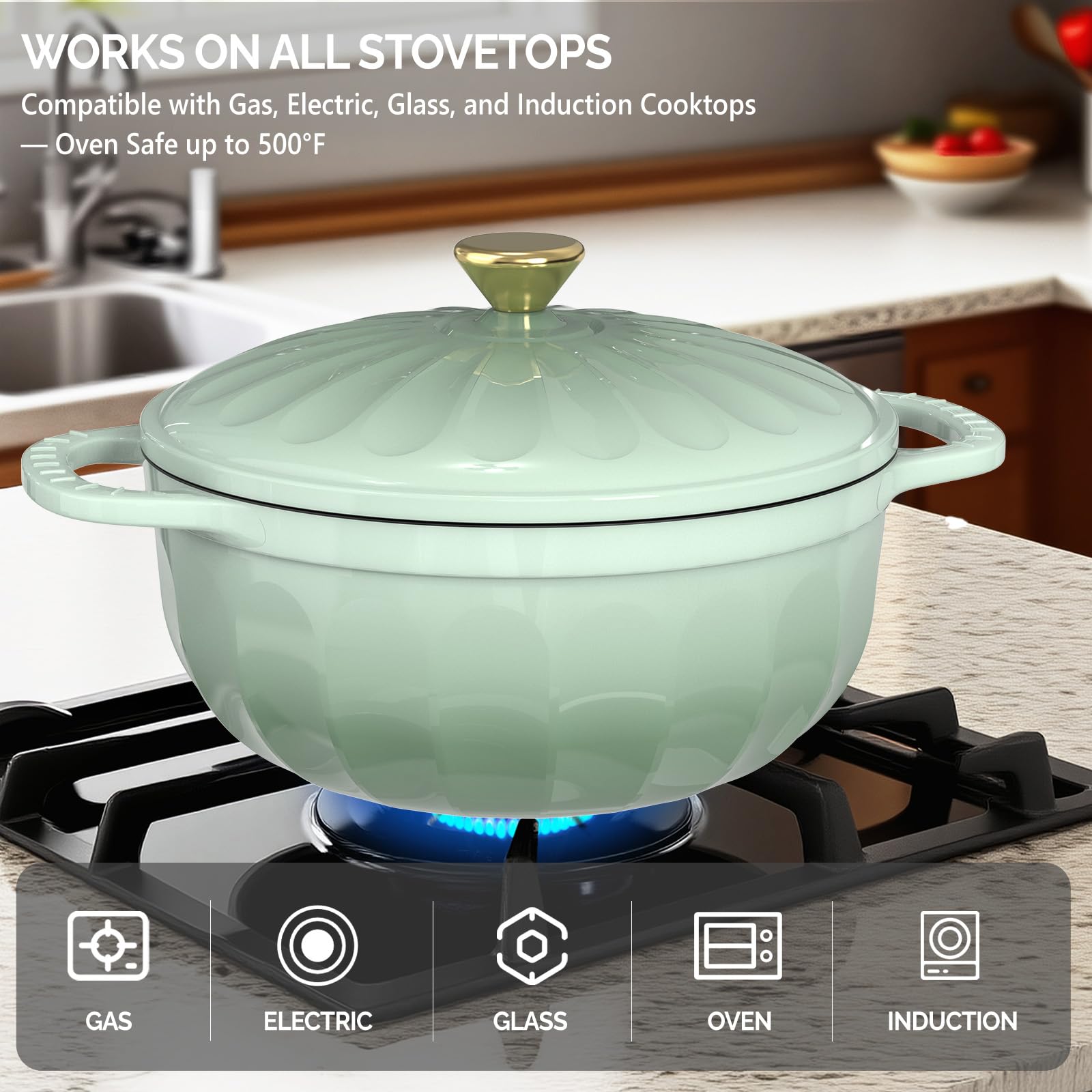 ROVSUN 5 QT Enameled Cast Iron Round Dutch Oven Green Gradient