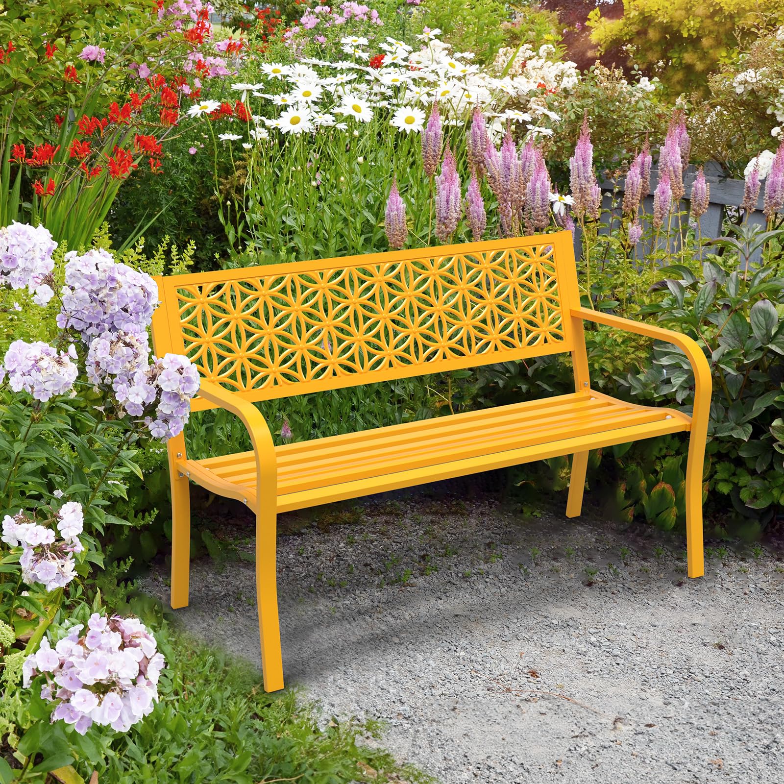 50" Outdoor Bench Metal with Floral Back Yellow