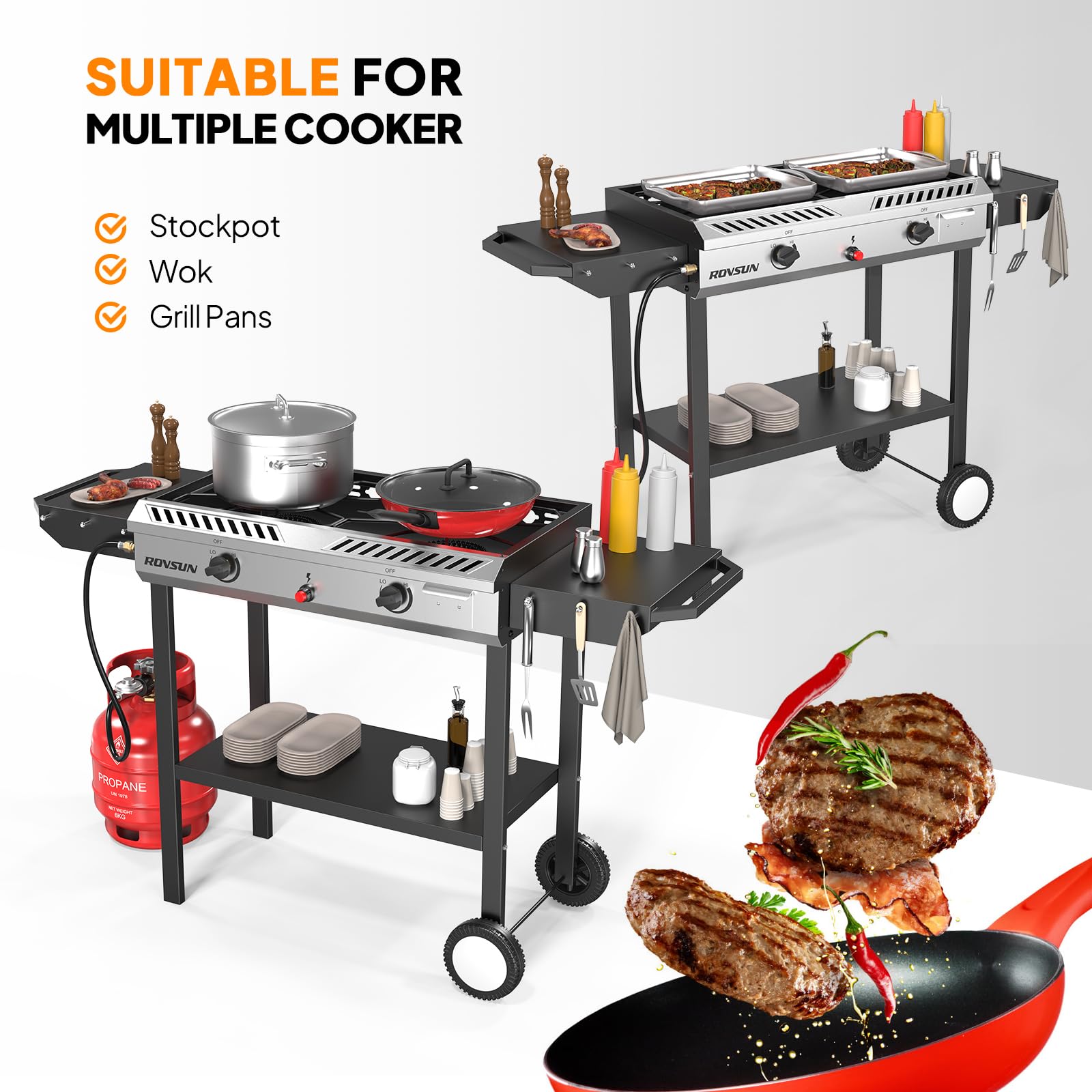 ROVSUN 2-Burner 150,000 BTU Camping Propane Stove with Wheels & Side Shelves