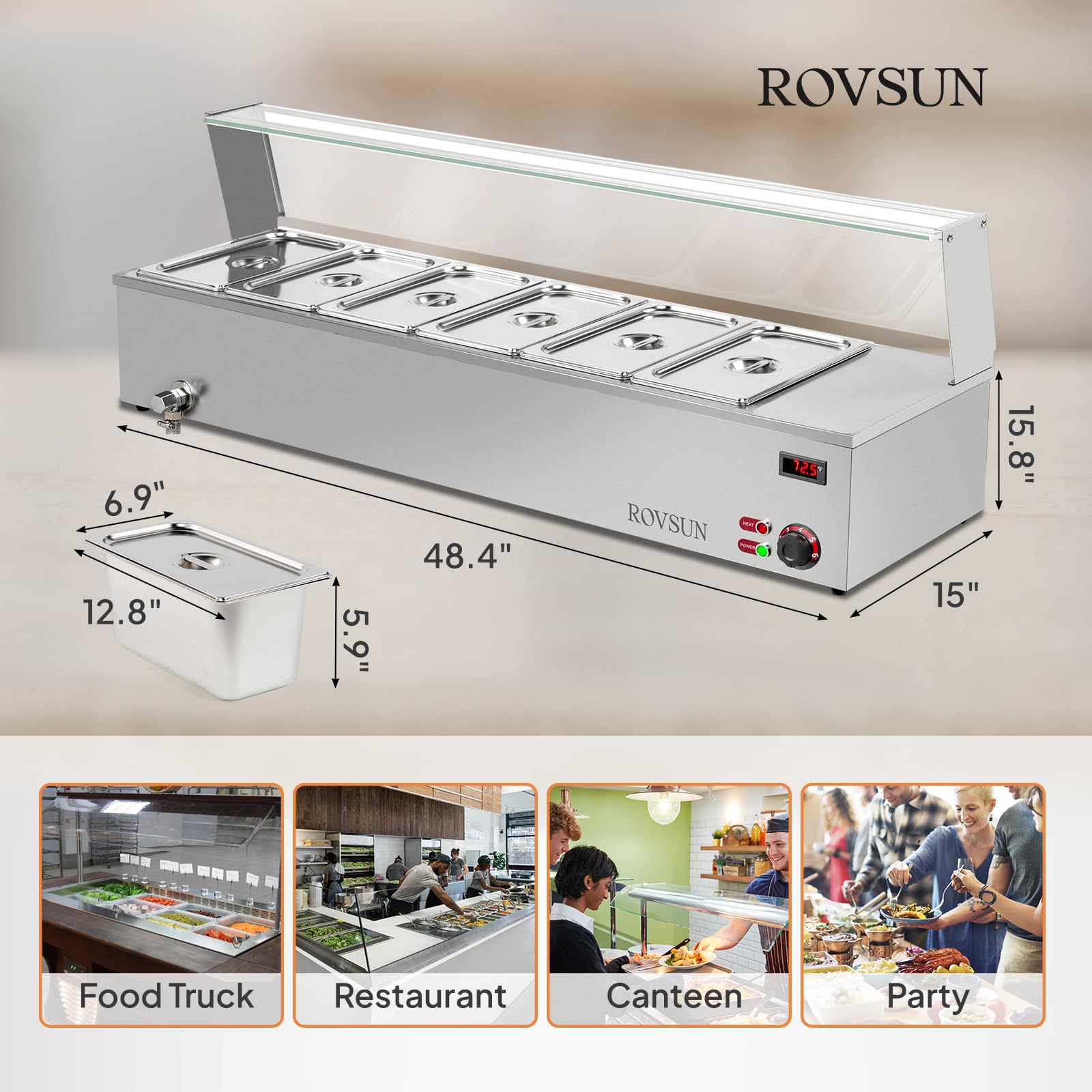 ROVSUN 48 QT 1500W 110V 6-Pan Electric Steam Table Food Warmer Countertop