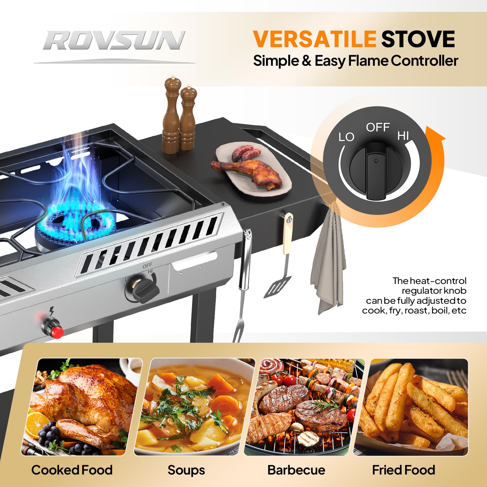 ROVSUN 2-Burner 150,000 BTU 2-in-1 Propane Stove & Griddle with Side Shelves, Wheels